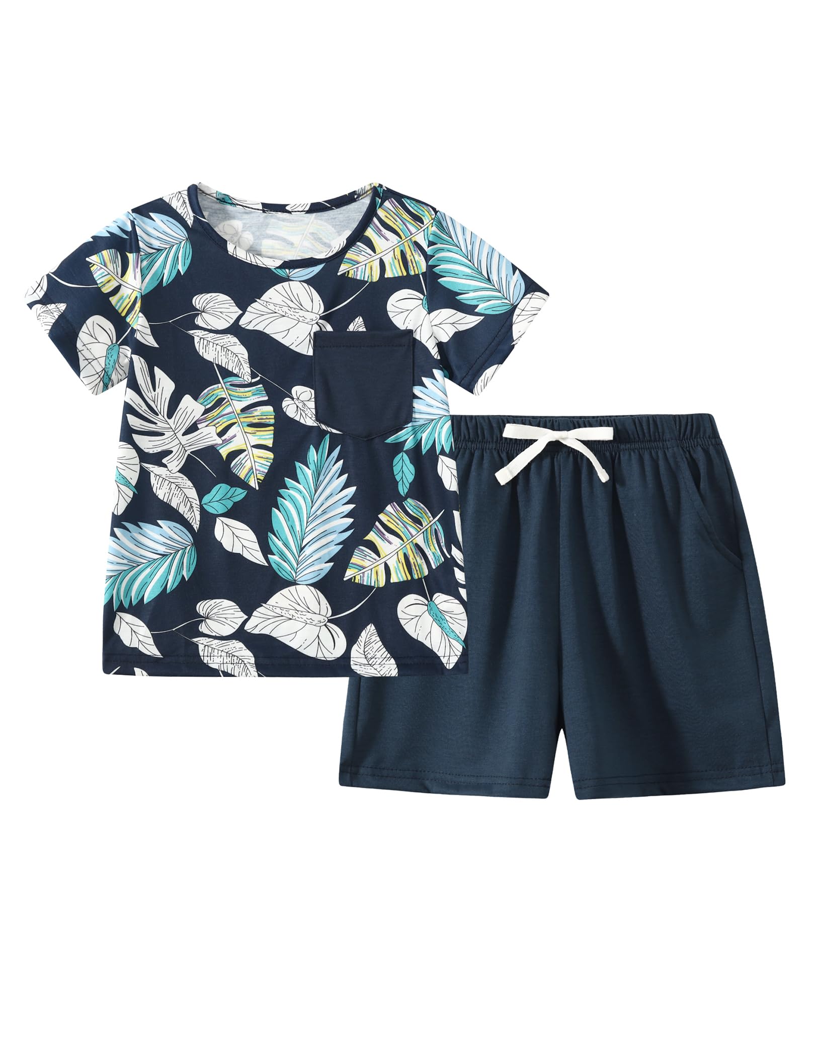 Boy Shorts Sets Summer Hawaii Outfit Palm Print Short Sleeve T-Shirt and Drawstring Cotton Shorts with Pockets