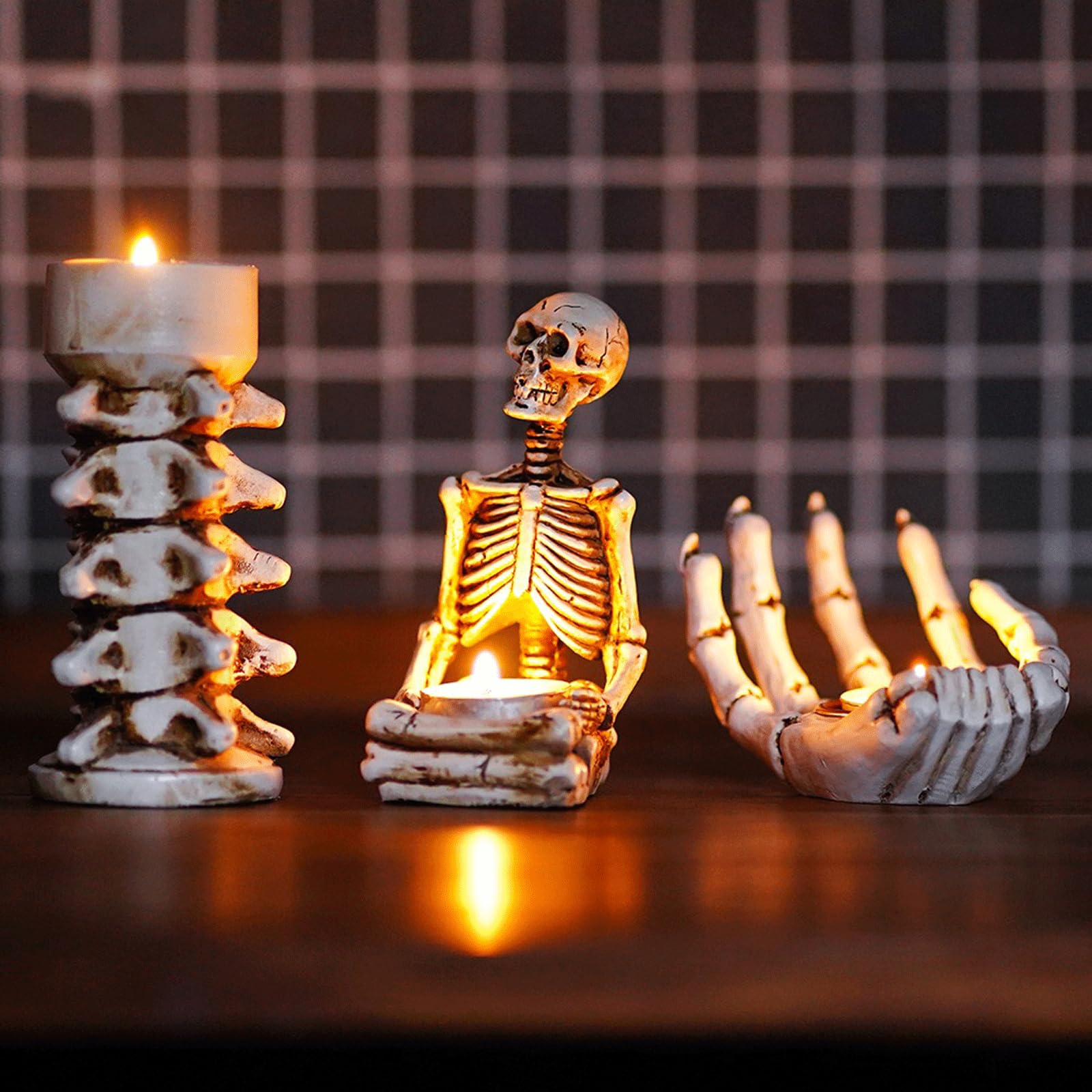Zestaw 3 świeczników na Halloween, szkielet, czaszka, ręka, kręgosłup, świecznik, stojak gotycki, dekoracja nowego domu, prezent