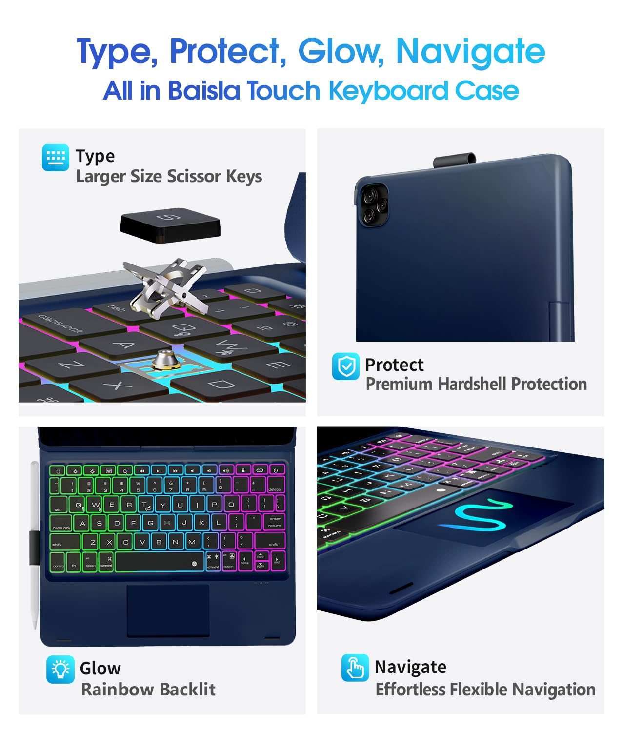 Baisla iPad 10th Generation Case with Keyboard 10.9"& iPad 11th (A16) & iPad Air 11 (M3/M2), Multi Trackpad, 360 Swivel & Rainbow Backlit for iPad Air 5th/4th,iPad Pro 11 4th/3rd/2nd/1st - Blue