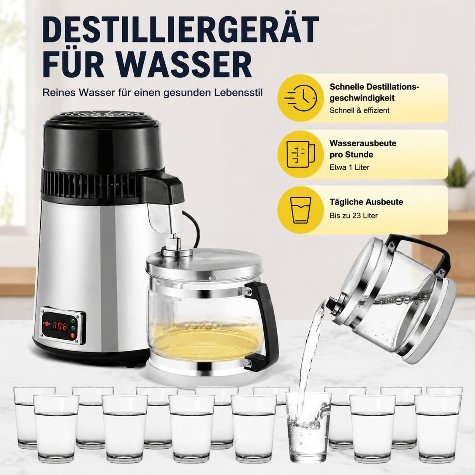 Wasserdestilliergerät 4 L 750 W aus Edelstahl mit Glasflasche für Zuhause und Büro
