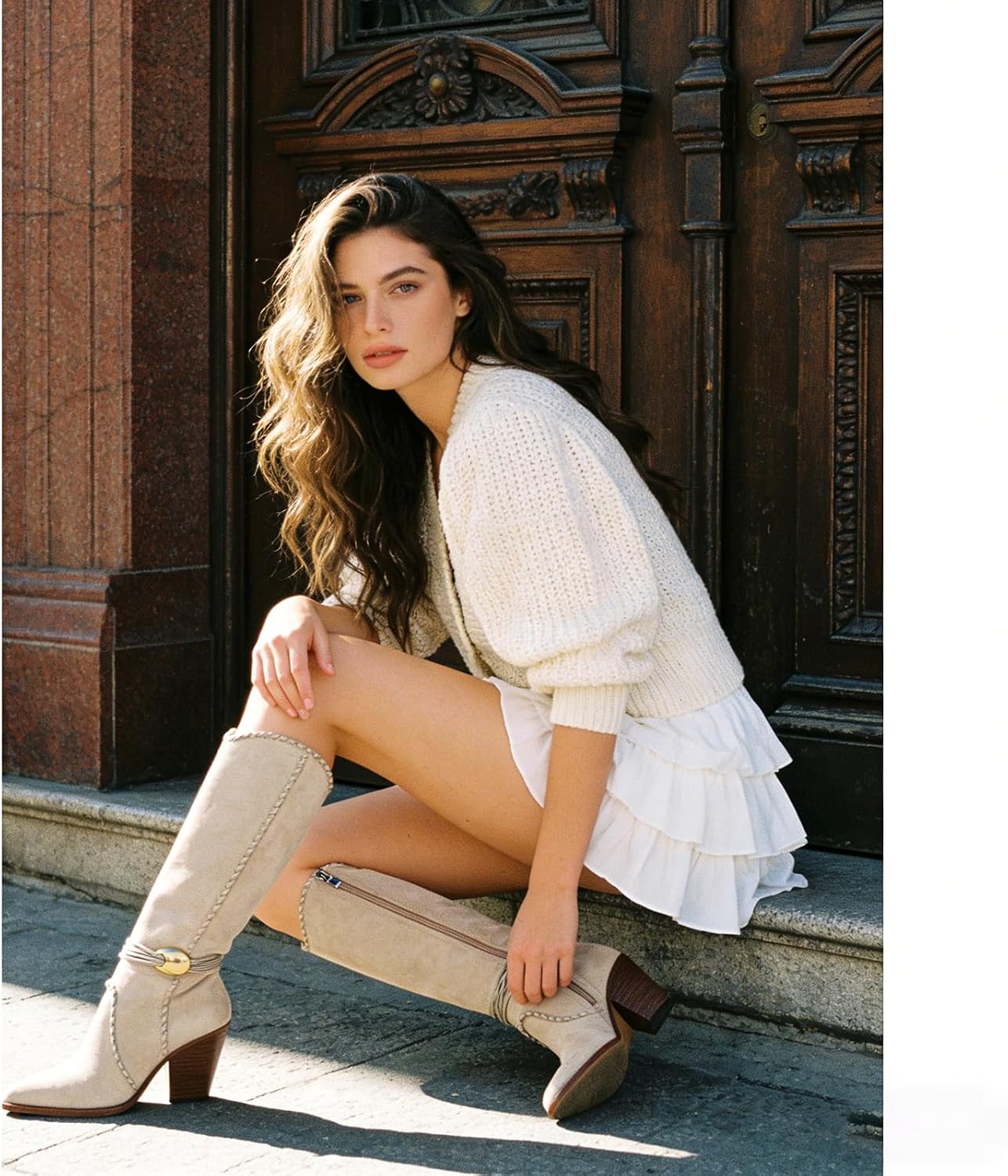 KISSASA Cowboy Knee High Boots Western Cowgirl Stacked Block Heel Pointed Toe Pull On Slouchy Tall Boots with Ankle Gold Metal Accent