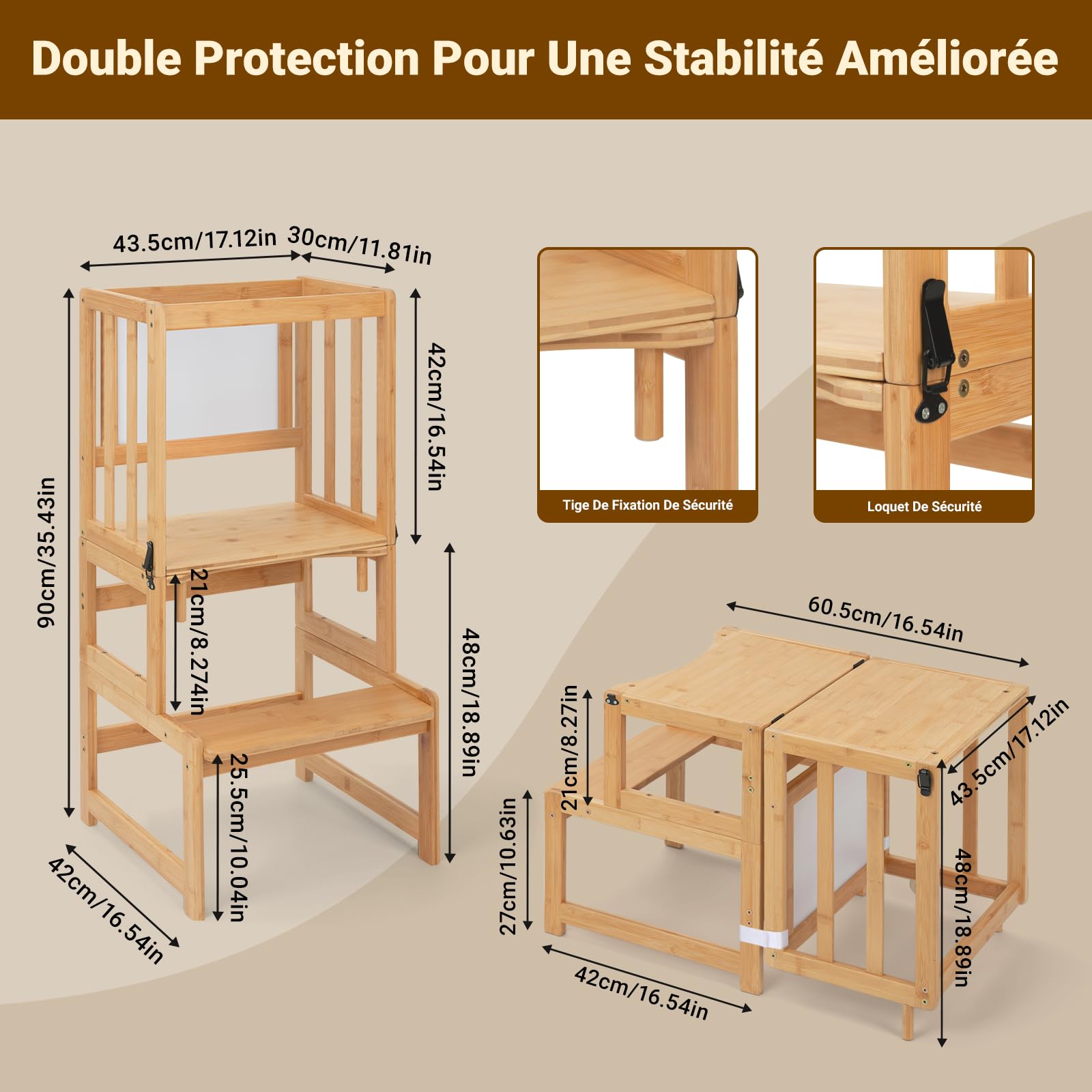 COSYLAND Tour d’Observation Enfant 3-en-1 Montessori en Bambou – Chaise d’Apprentissage Sécurisée Bébé avec Double Dispositif de Sécurité et Design Breveté – Couleur Classic Natural