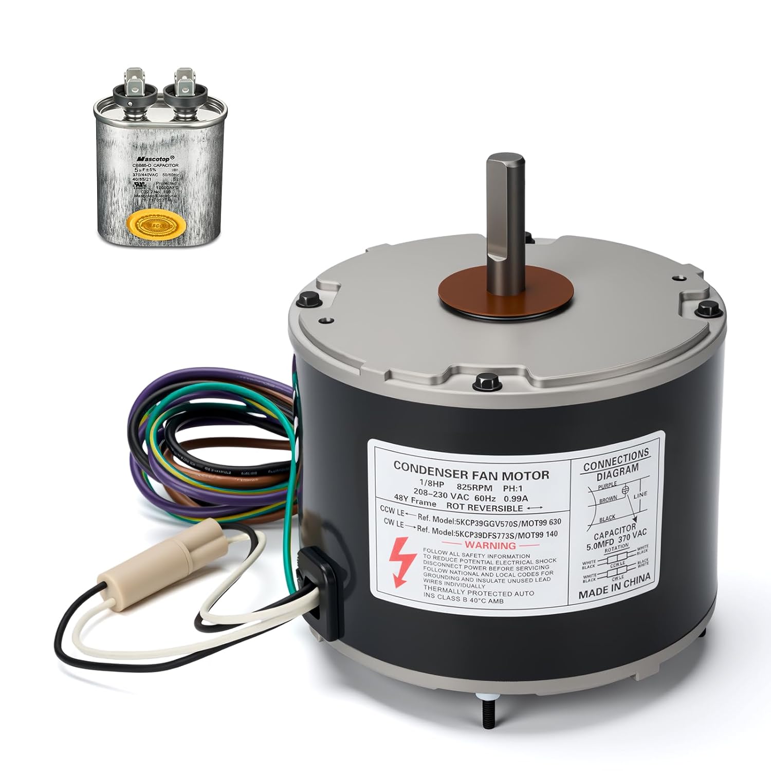 Upgraded 5KCP39GGV570S 5KCP39DFS773S 1/8 HP Condenser Fan Motor 208-230V 825 RPM Reversible Rotation for HVAC AC Compatible with 5KCP39BGV440BS 5KCP39GFAB23S MOT12215 (Includes Capacitor)