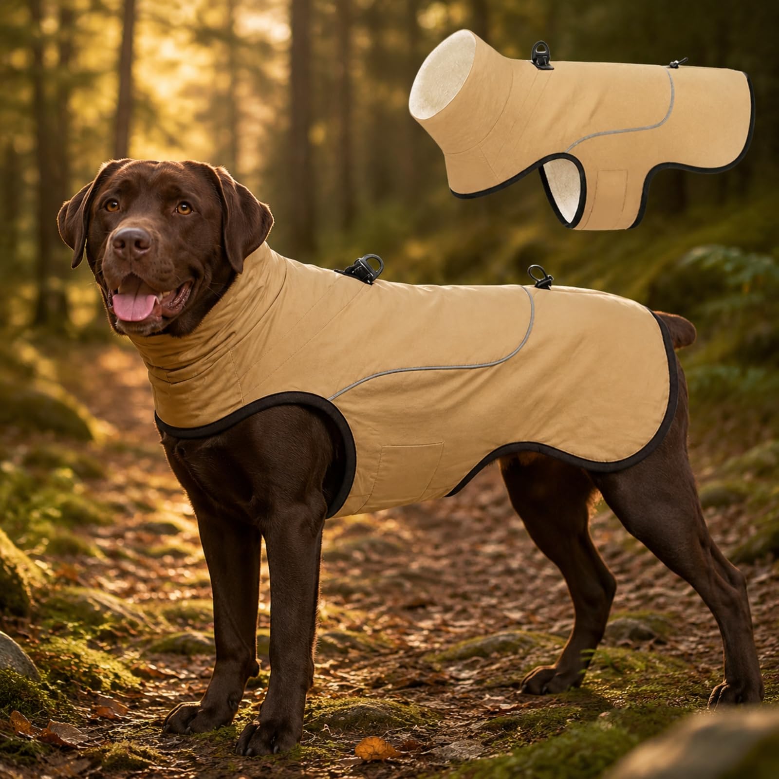 Beige Hundejacke aus Polyester Wärmend Wärmende Hundejacke mit Reflektoren Reflektierend Hunde-Winterjacke für Parkbesuche, XXL