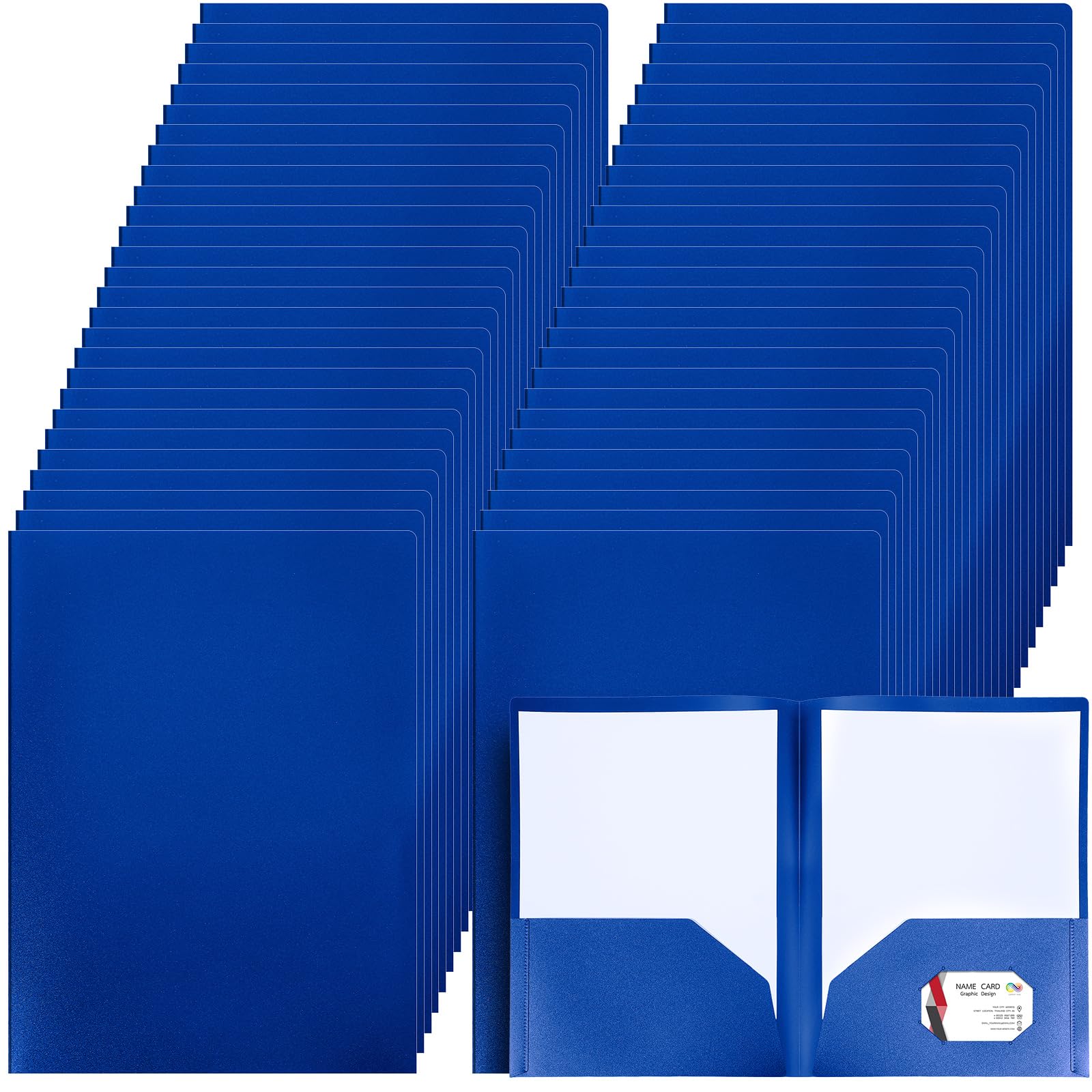 Patelai 50 Pack Plastic Folders with Pocket Bulk 2 Pocket Heavy Duty Letter Size Folders Business Card Holder for School Office File(Blue)