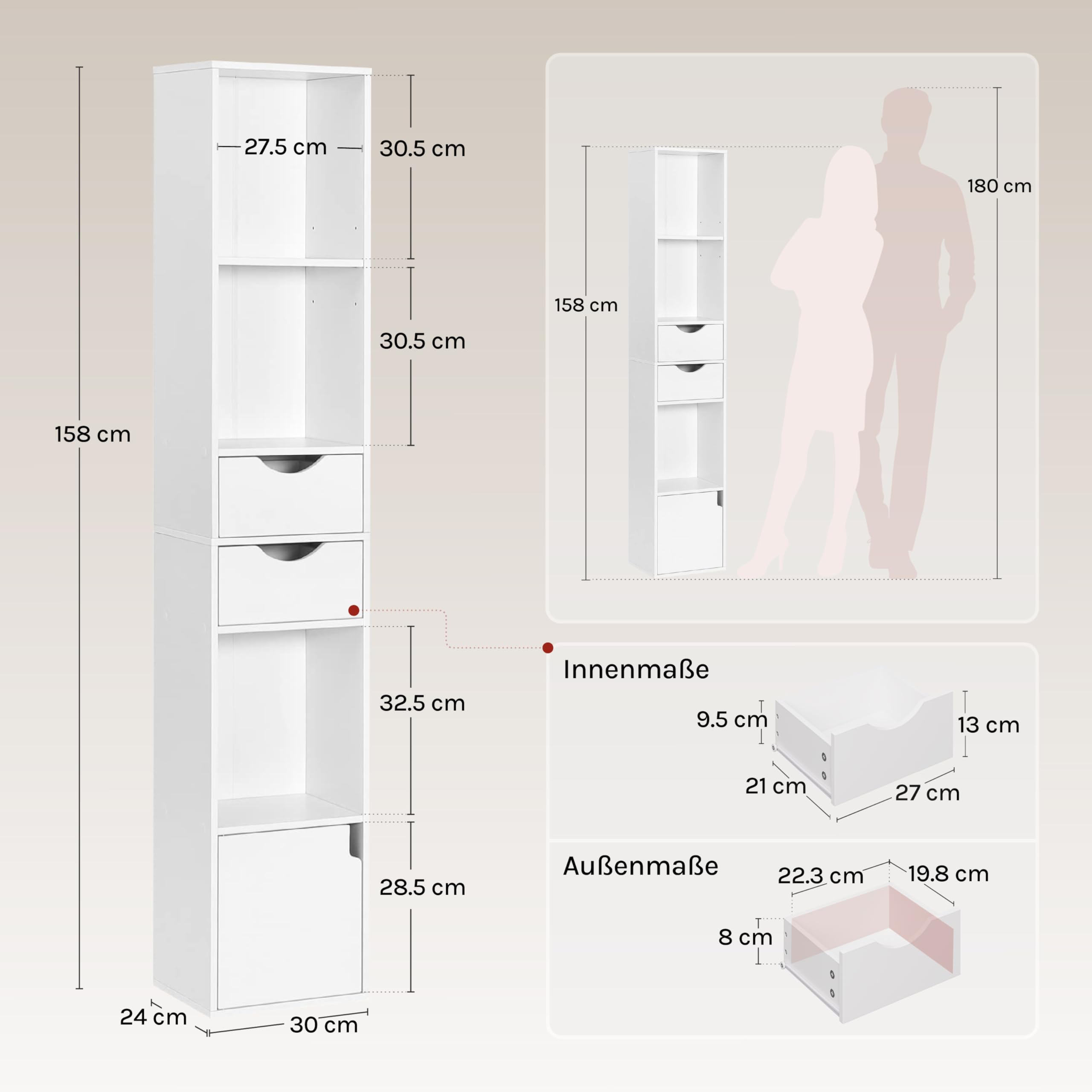 WOLTU Bücherregal Standregal mit Schubladen und Tür, Büroregal, Aufbewahrungsregal, Weiß, 30 x 158 x 24 cm