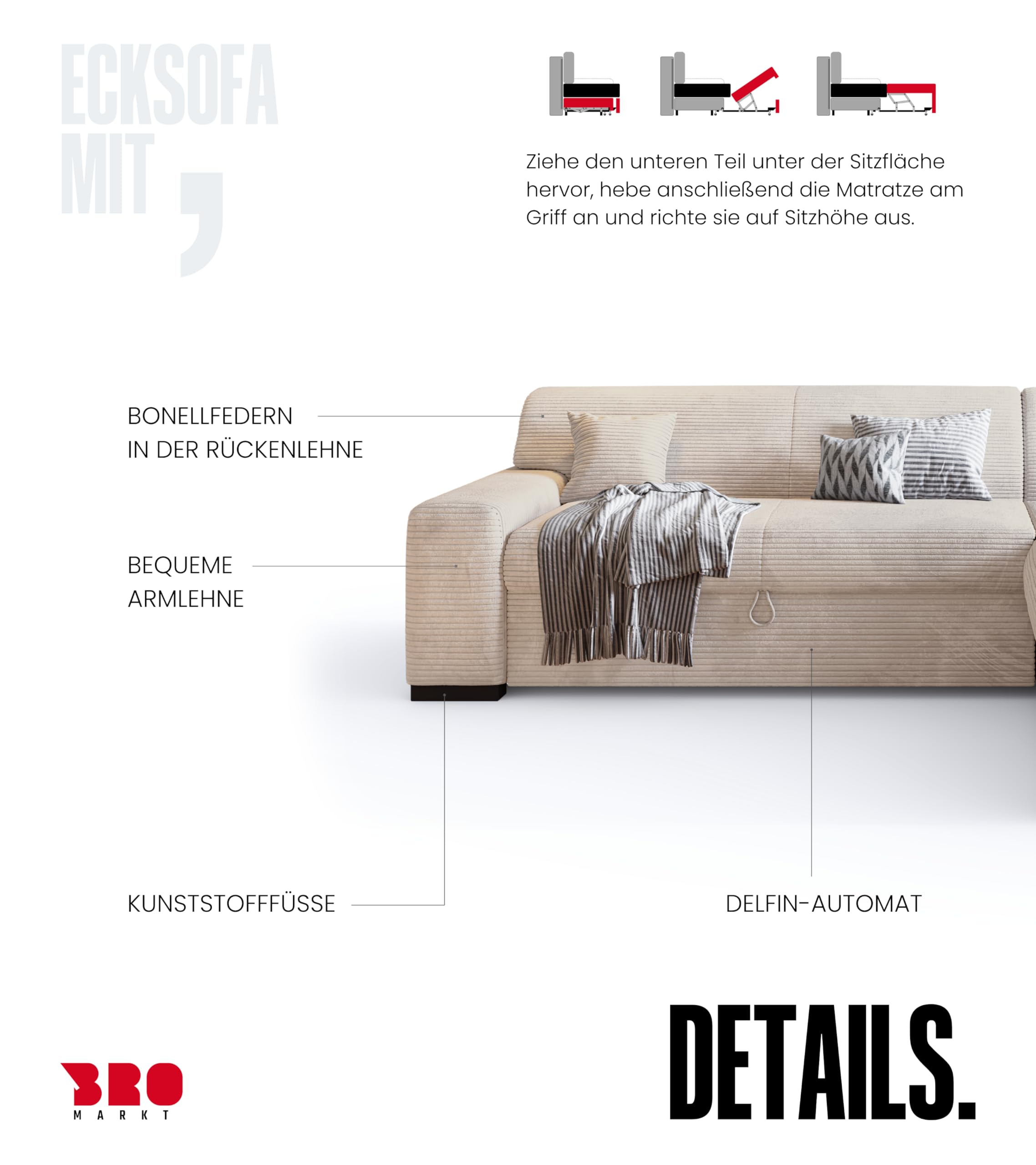 BROMARKT Ecksofa mit Schlaffunktion 260 cm L Form Vanille Rechts Seite Couch Sofa mit Bettkasten Schlafcouch Schalsofa 3 sitzer Eckcouch Sofabett Wohnlandschaft Cordstoff