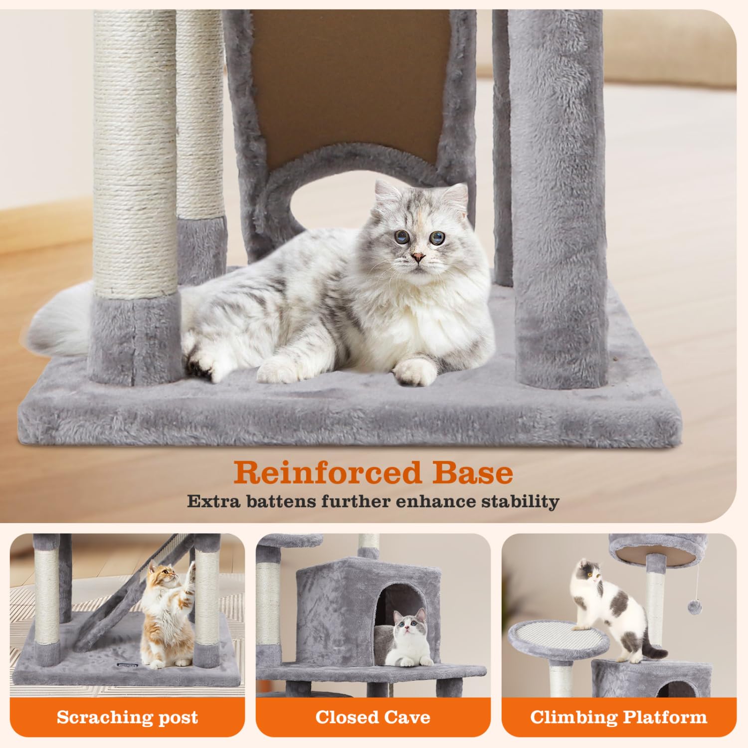 Nobleza - Árbol para Gatos, Altura 161 cm, con 5 Postes Rascadores, 5 Plataformas, 2 Cueva,1 Escalera, pompón, Cuerda de sisal, Tela de Felpa, Rascador Multinivel para Gatos Grandes,Gris