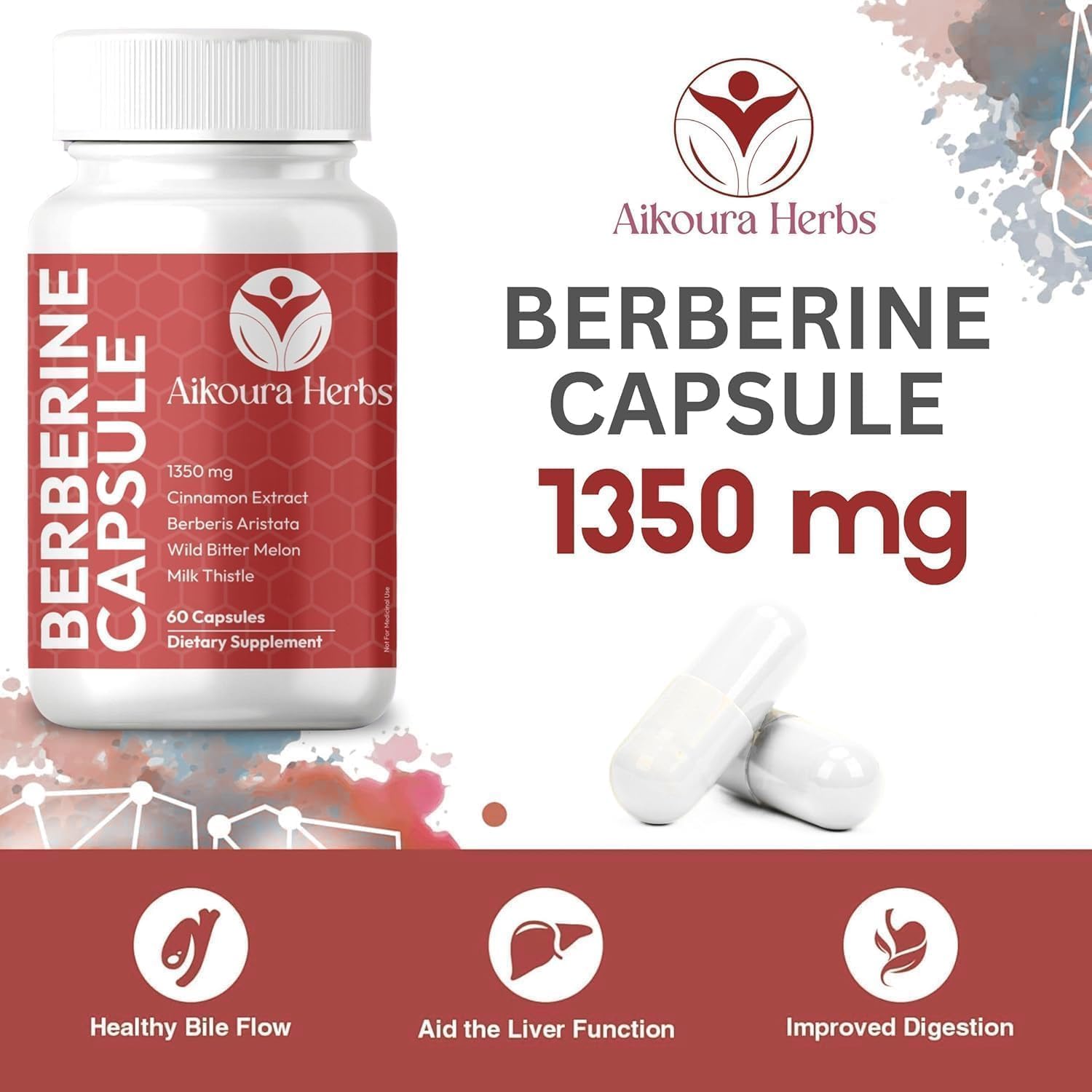 AIKOURA Berberine Complex 1350mg – Herbal Blend with Ceylon Cinnamon, Milk Thistle, Bitter Melon & Turmeric – Metabolic Health & Blood Sugar Support – Vegan, Non-GMO, Gluten-Free – 60 Veg Capsules.