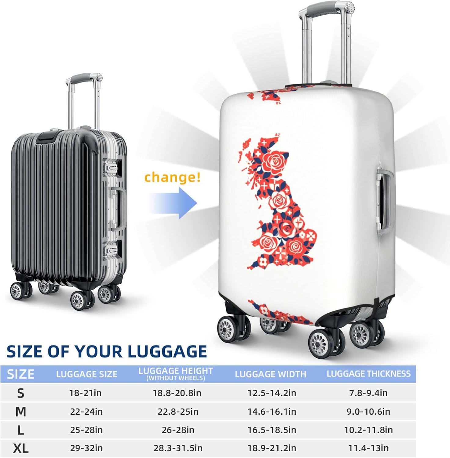 UK Rose MapFlagprint Premium Suitcase Cover | Durable Polyester Elastic Luggage Cover With Zipper & Buckle, Travel Suitcase Protector For Medium Large Bags