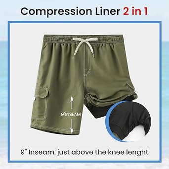 HODOSPORTS Mens Swim Trunks with Compression Liner 9 inch Bathing Suit Quick-Dry Swim Shorts Cargo Pockets S-4XL