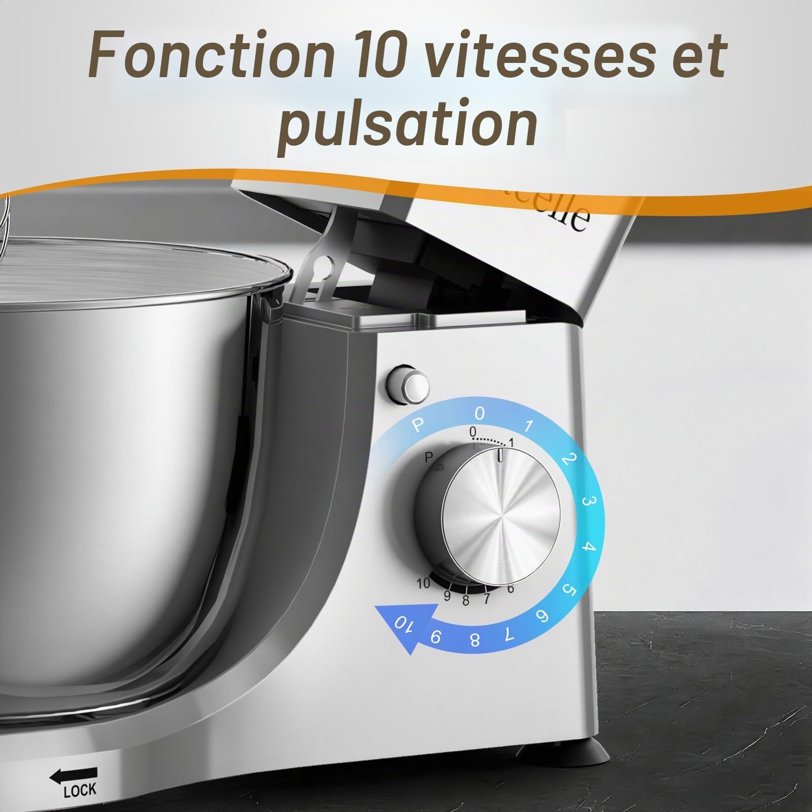 Robot Pâtissier 1500W, Bol en Inox 5.5L, 10 Vitesses + Pulse