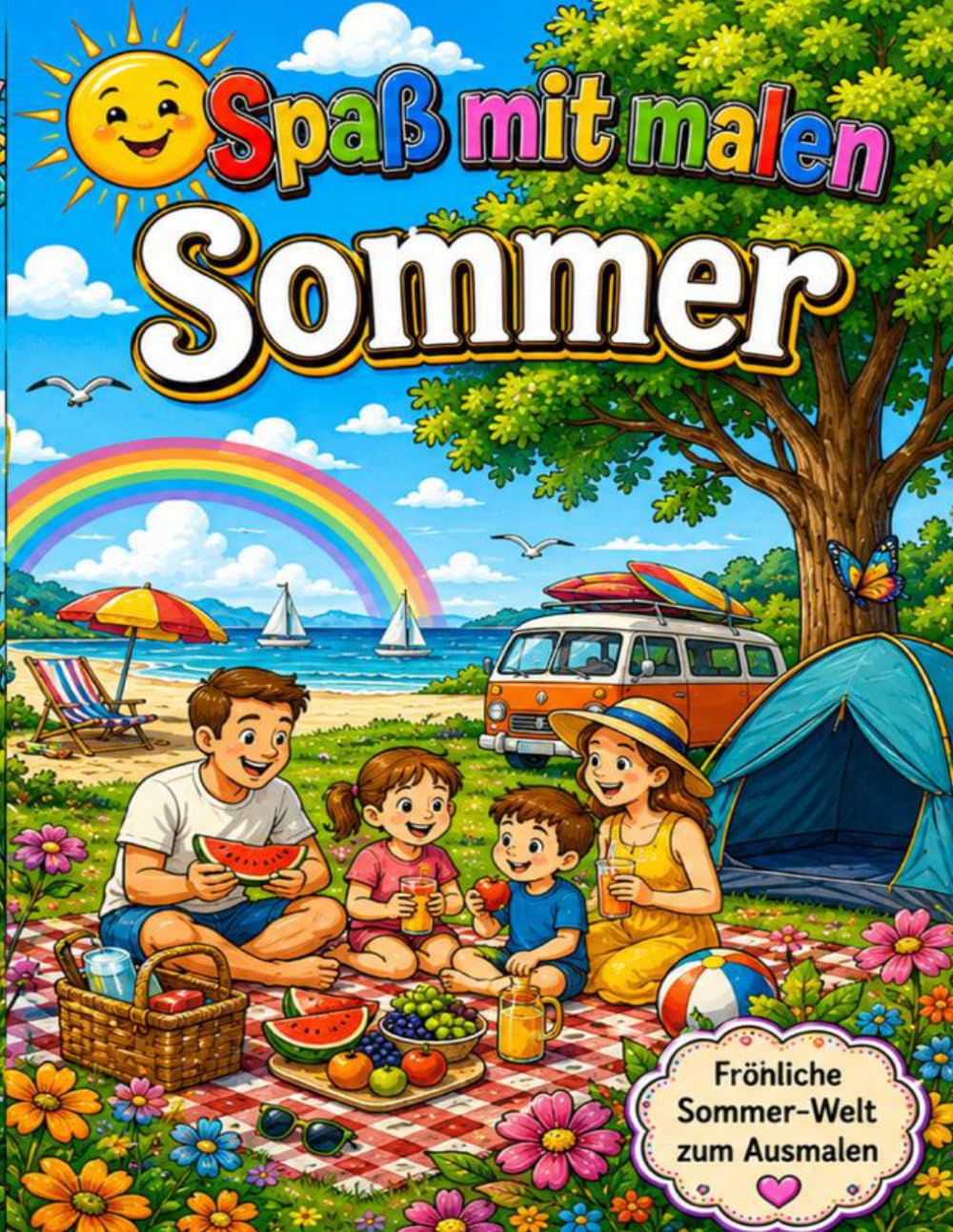 Spaß mit malen Thema Sommer: mit 25 fröhliche Motive rund um Sonne, Strand, Blumen und Urlaub .Kreative Ausmalbilder für Groß und Klein