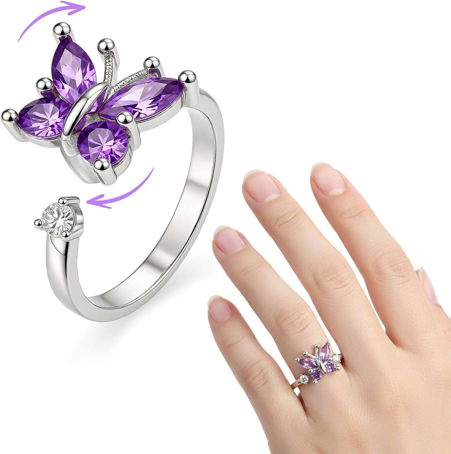 Butterfly Spin Fidget Ring, Anxiety Relief Ring Purple Rotating Jewelry, Adjustable Open Stacking Stress Rings for Women Gift