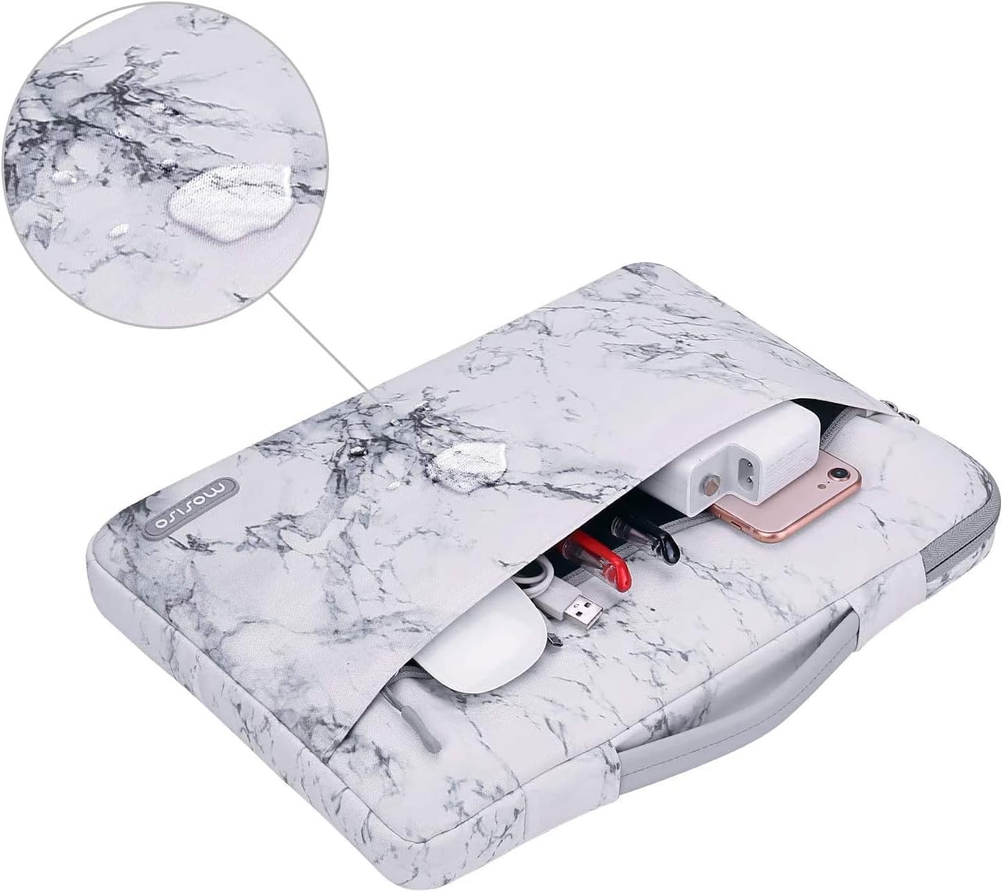 MOSISO 360 Protective Laptop Sleeve Compatible with MacBook Air/Pro, 13-13.3 inch Notebook, Compatible with MacBook Pro 14 inch 2023-2021 A2779 M2 A2442 M1,Polyester Bag with Trolley Belt,White Marble