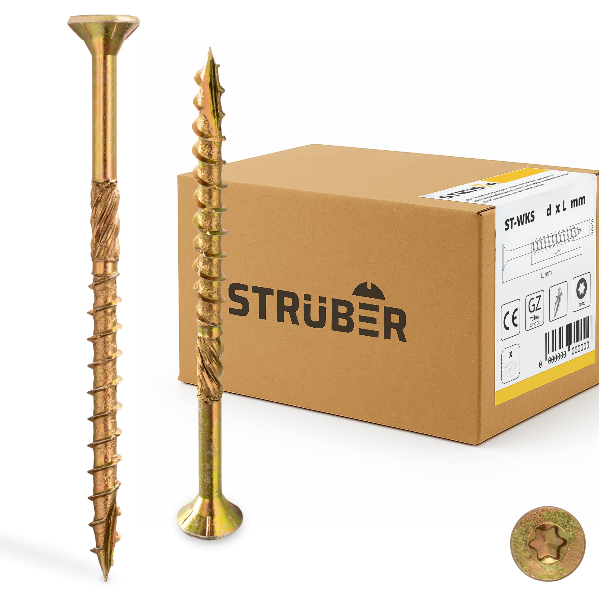 STRÜBER Holzschrauben mit Torx-Antrieb (4,5 x 60 mm / 200 Stück) Holzbauschrauben mit TX-Buchse - Spanplattenschrauben Gelb verzinkt - Senkkopfschrauben für Dachkonstruktionen - Universalschrauben