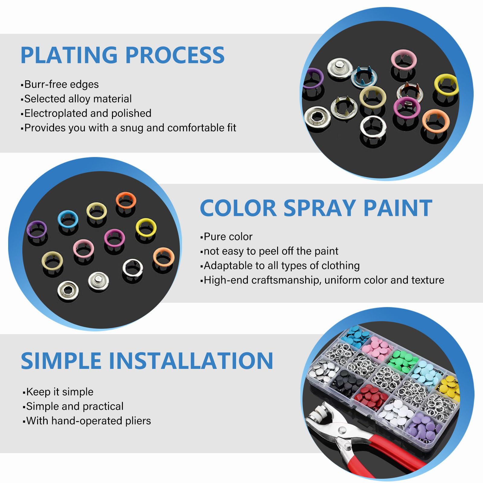 ASTIMESA 200 Sets Druckknöpfe Kit, 9,5 mm Metall Druckknöpfe für Stoff mit Verschluss Zange Presswerkzeug, Button Snaps Reparaturset für Kleidung Nähen Basteln Leder Kleid Jeans (hohl)