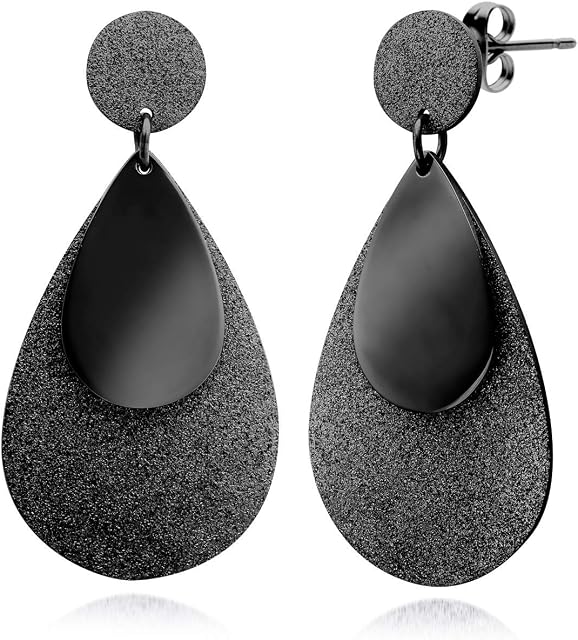 555Jewelry Womens Stainless Steel Teardrop Water Dangle Hanging Metal Shiny Post Stud Push Back Pierced Statement Party Trendy Lightweight Fashion Jewelry Accessory Earrings, Black