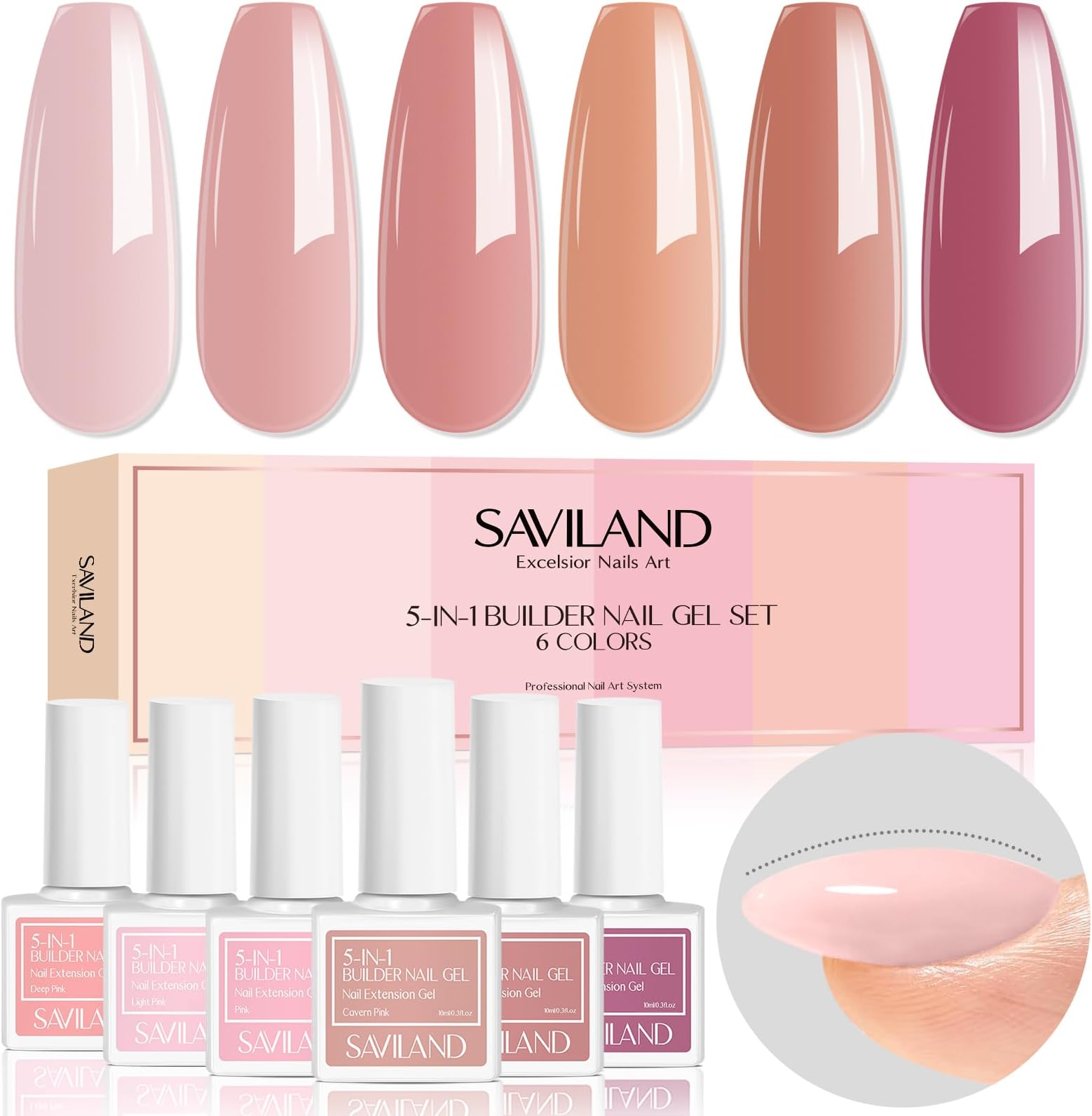 SAVILAND 10 ML Builder Nail Gel in A Bottle: 6 Colors 5-in-1 Sheer Pink Gel Builder Set Nail Strengthener Extension Gel Kit Hard Gel for Nails Thickening & Repair, as Gift for Women Home DIY
