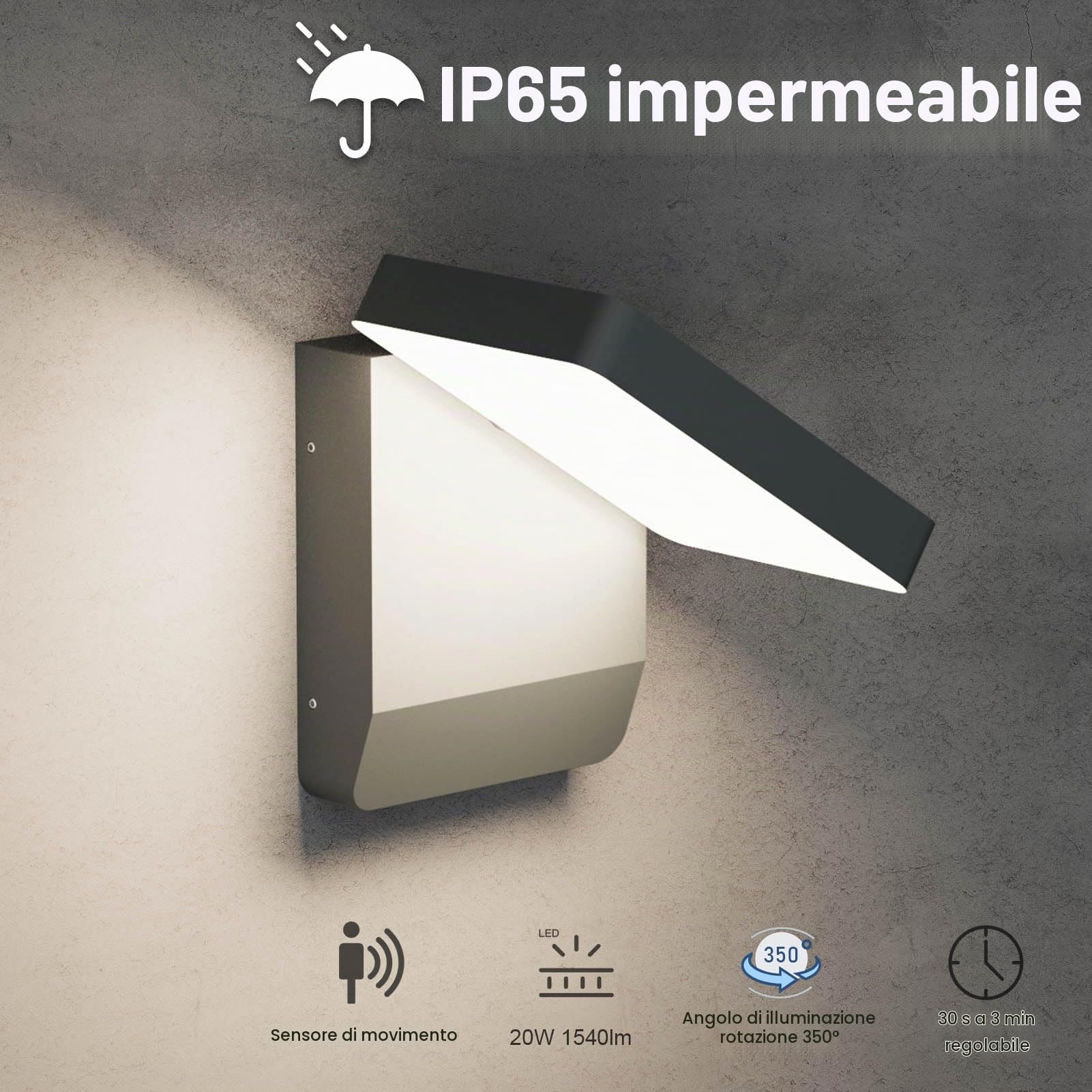 K-Bright 2 pcs applique da esterno, Angolo di regolabile Antracite | 4000 K LED applique da esterno/interno, applique da esterna impermeabile IP54 per balcone, garage, lampada per giardino