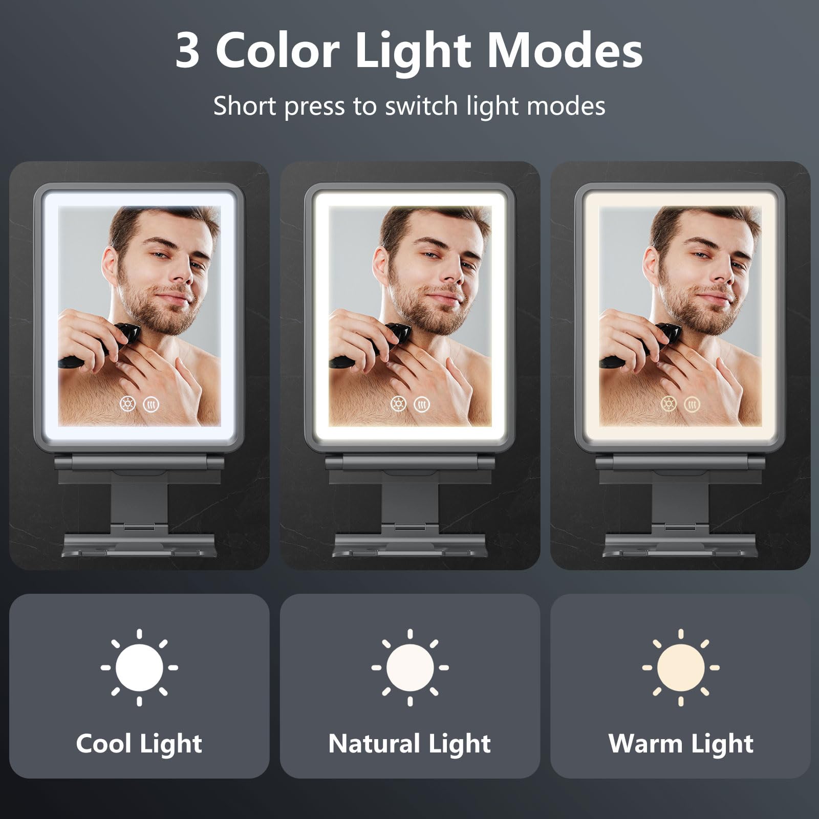 Shinowa Specchio da Doccia Riscaldato Senza Nebbia per la Rasatura, Grigio | 3 Colori Stepless Dimmable Luci, Specchio da Barba Ricaricabile Anti Nebbia per la Doccia con Porta Rasoio per Uomini