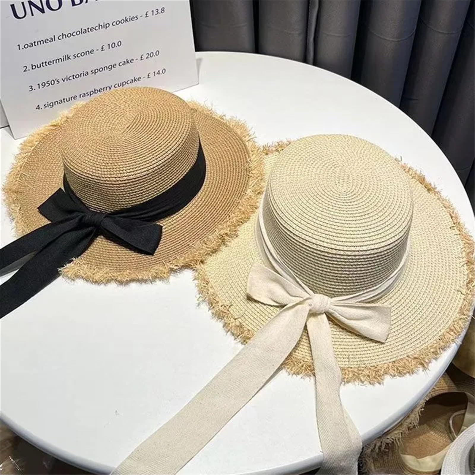 Sombrero Paja Verano Pajarita Correa Sombrero de Paja Mujer al Aire Libre ala Ancha Sol Playa Vacaciones protección UV Mujeres densas | 1-Khaki White