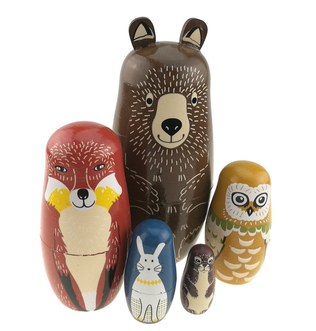 Winterworm - Set di 5 bambole russe lucide a tema animale, orso, volpe, gufo, coniglio, talpa, fatto a mano, per lo sviluppo di abilità