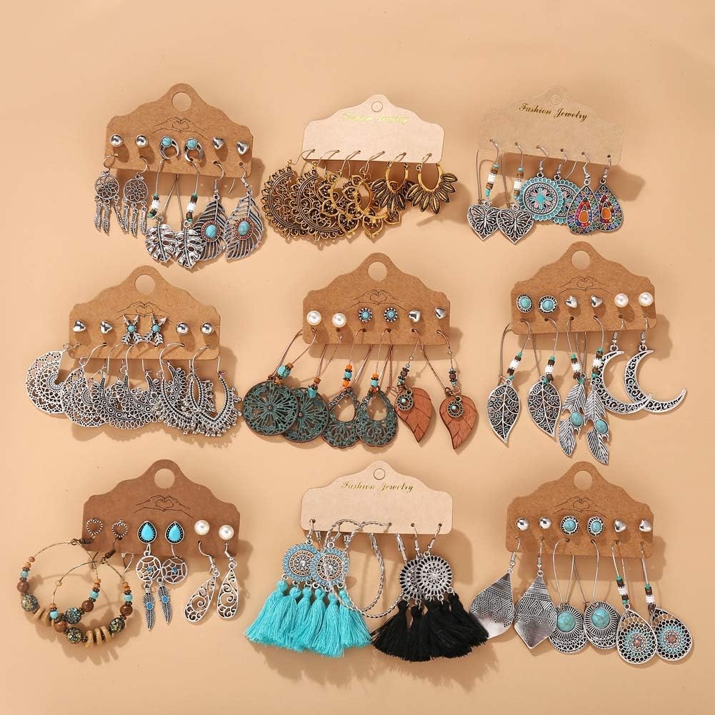 90 Pairs Bohemian Silver Hollow Drop Dangle Earrings Set for Women Girls, Fashion National Style Eardrop with Bronze Waterdrop Leaf Feather Shaped Vintage Jewelry for Gifts