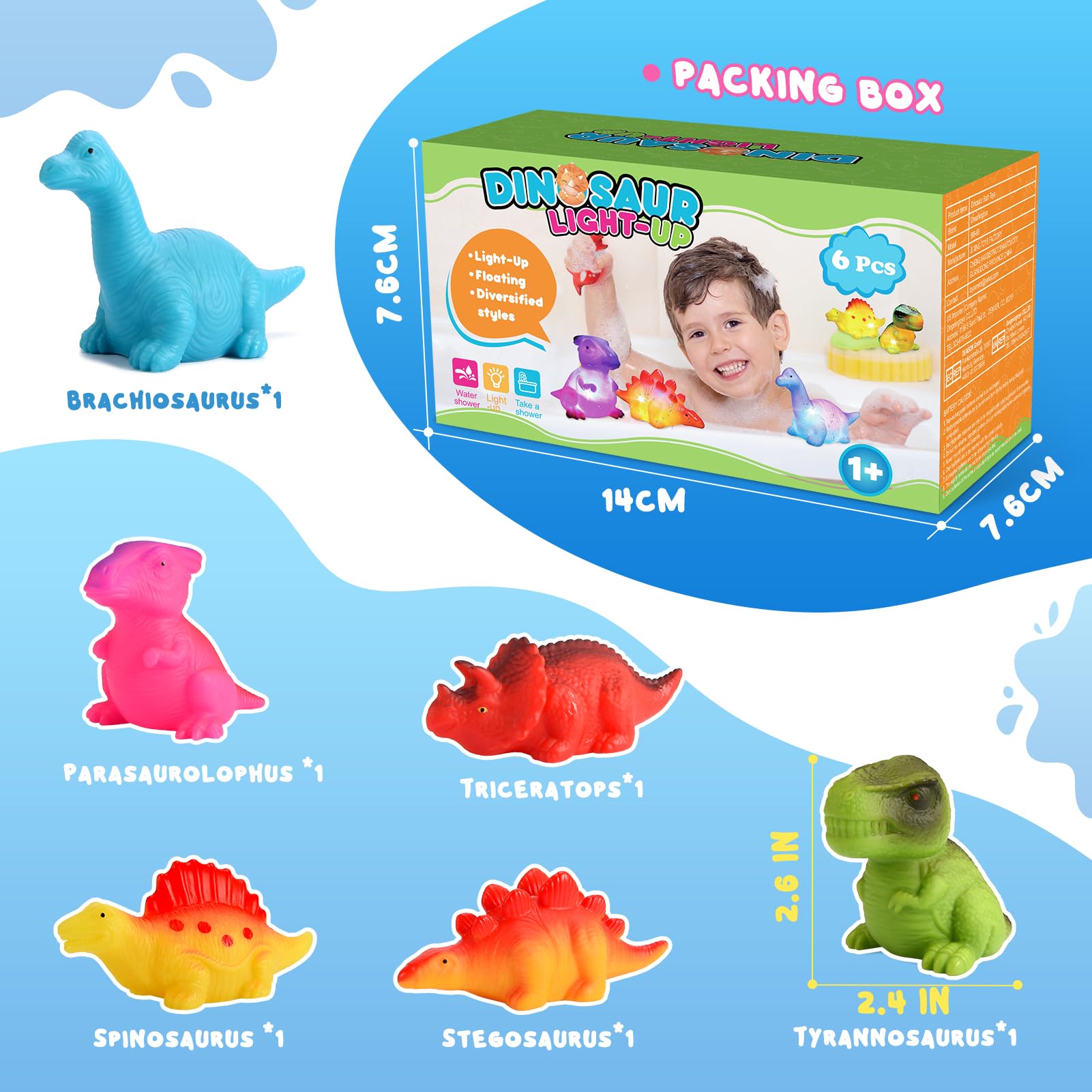 Light Up Dinosaur Bath Toys for Toddlers - 6 Pack -6