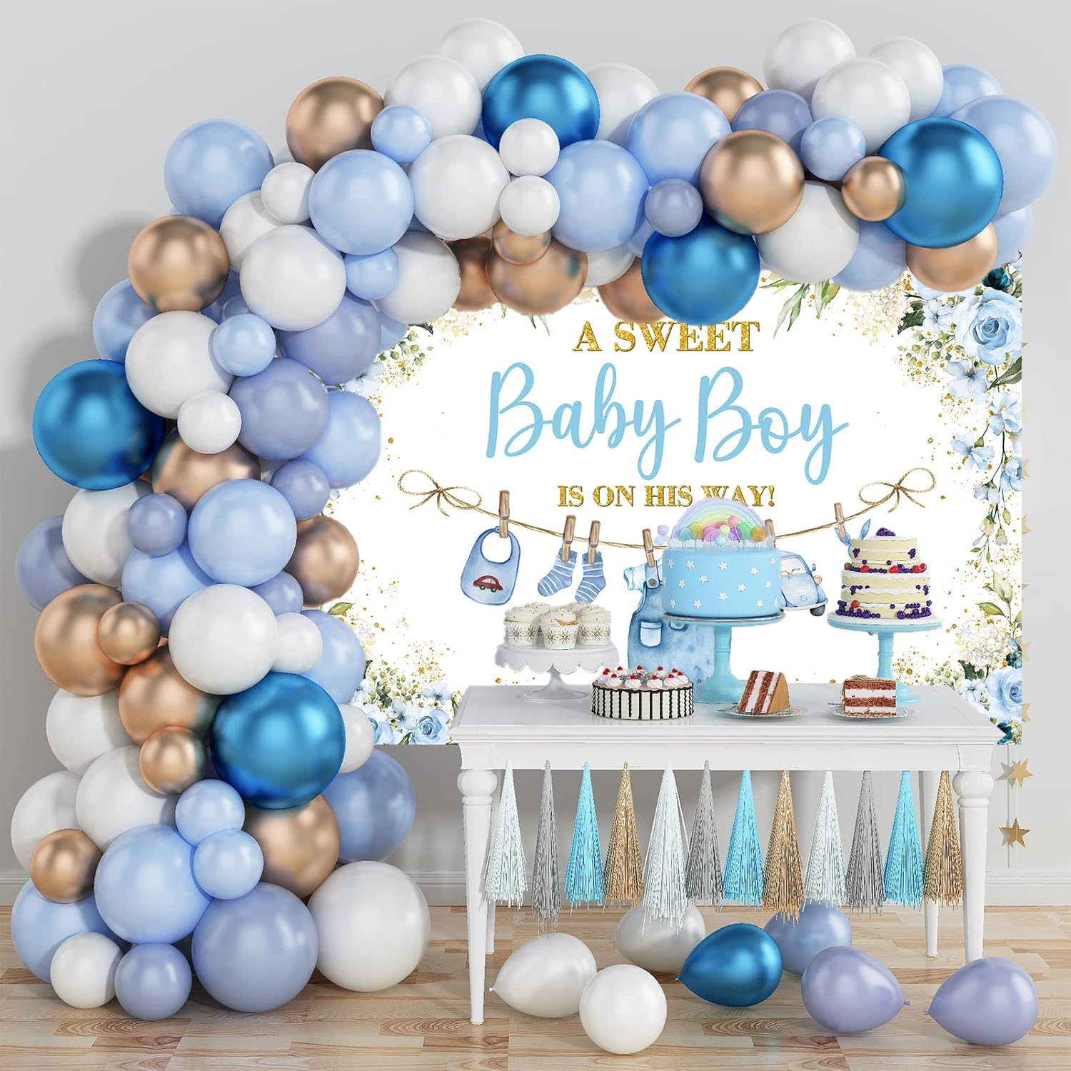 Cute Clothes Baby Shower Backdrop for Boys Blue Flowers Leaves a Sweet Baby Boy is on The Way Background Newborn Kids Baby Shower Birthday Party Decorations Banner Supplies Photo Props (Blue, 8x6FT)