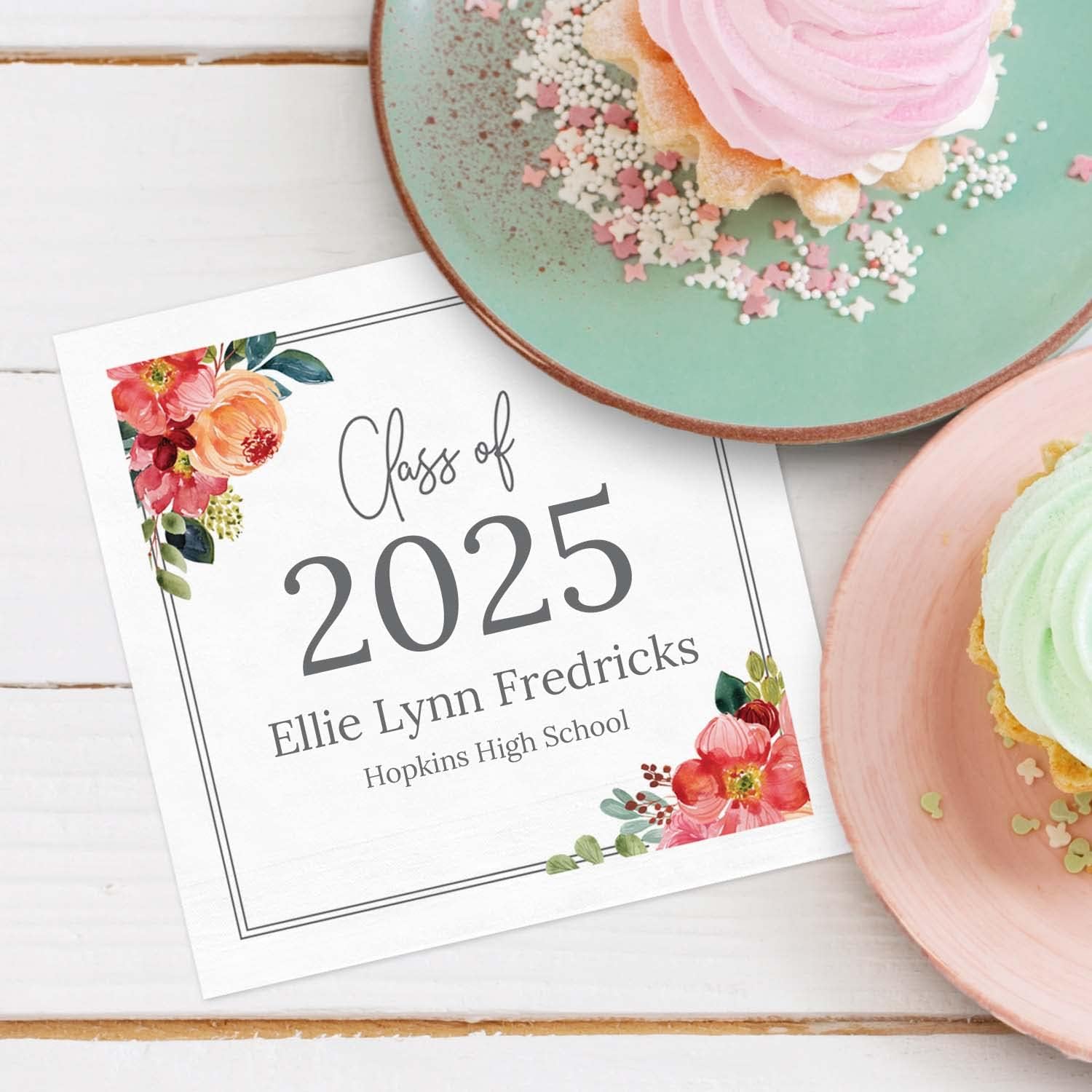 Personalized Floral Graduation Beverage Napkins / 100 Custom Graduate Cocktail Napkins/High School College Grad Party 4 3/4" x 4 3/4" Napkin/Made In The USA
