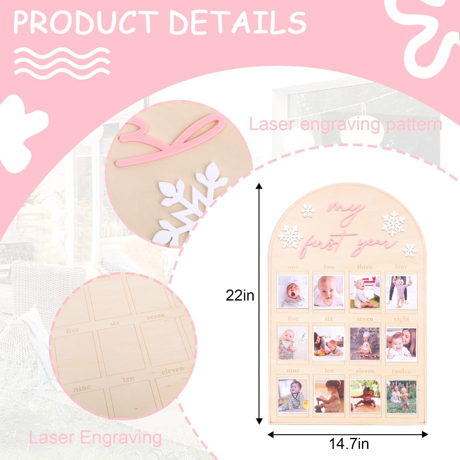 My First Year One Year of Photo Board - Winter Onederland First Birthday Photo Board,Snowflake Themed First Birthday Party Decorations,One Year of 12 Months Milestone Photo Banner