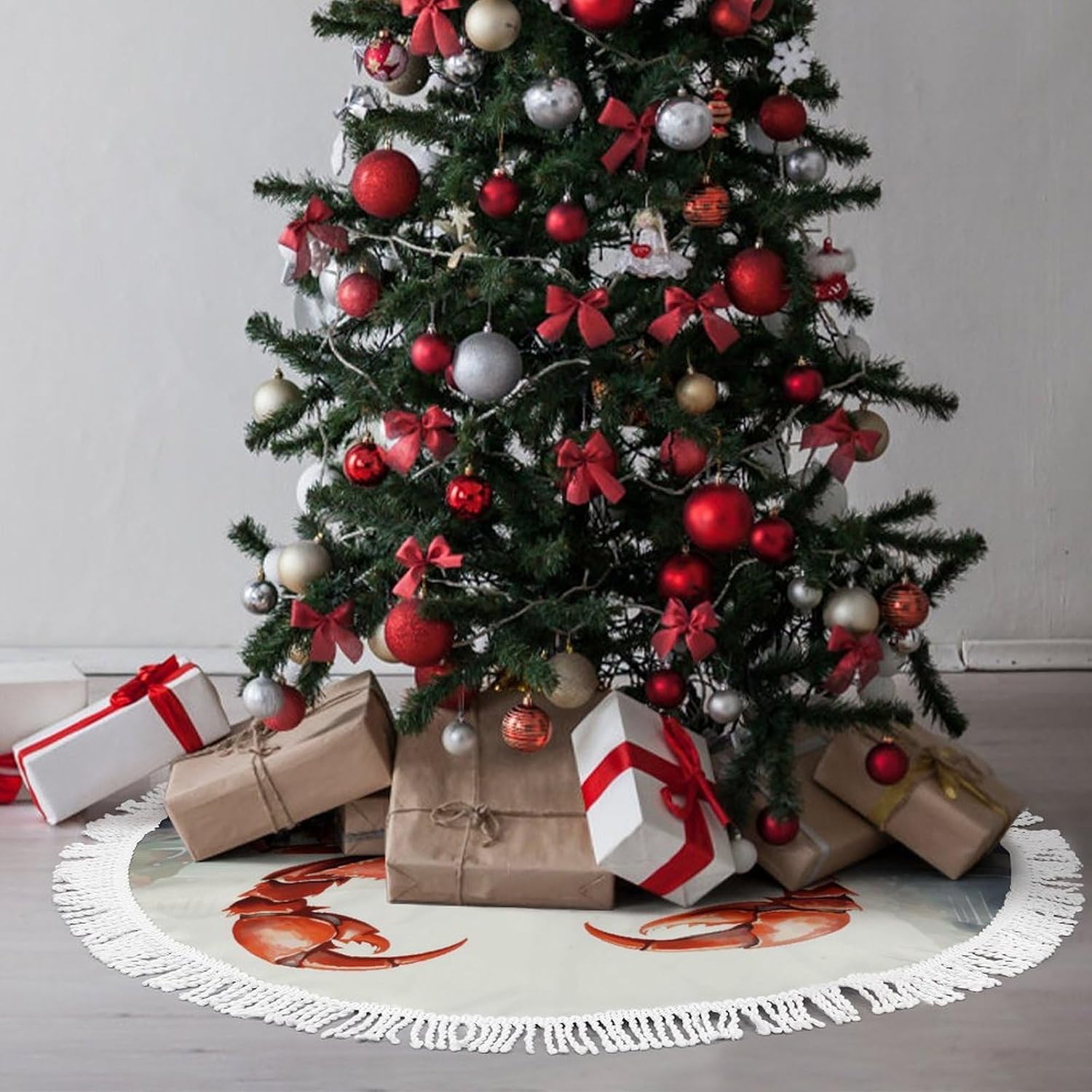 Christmas Tree Skirt Cute Xmas Trees Mat Skirts Personalization Christmas Round Tree Skirts for Holiday Party Decorative Supplies Red Crab Sea