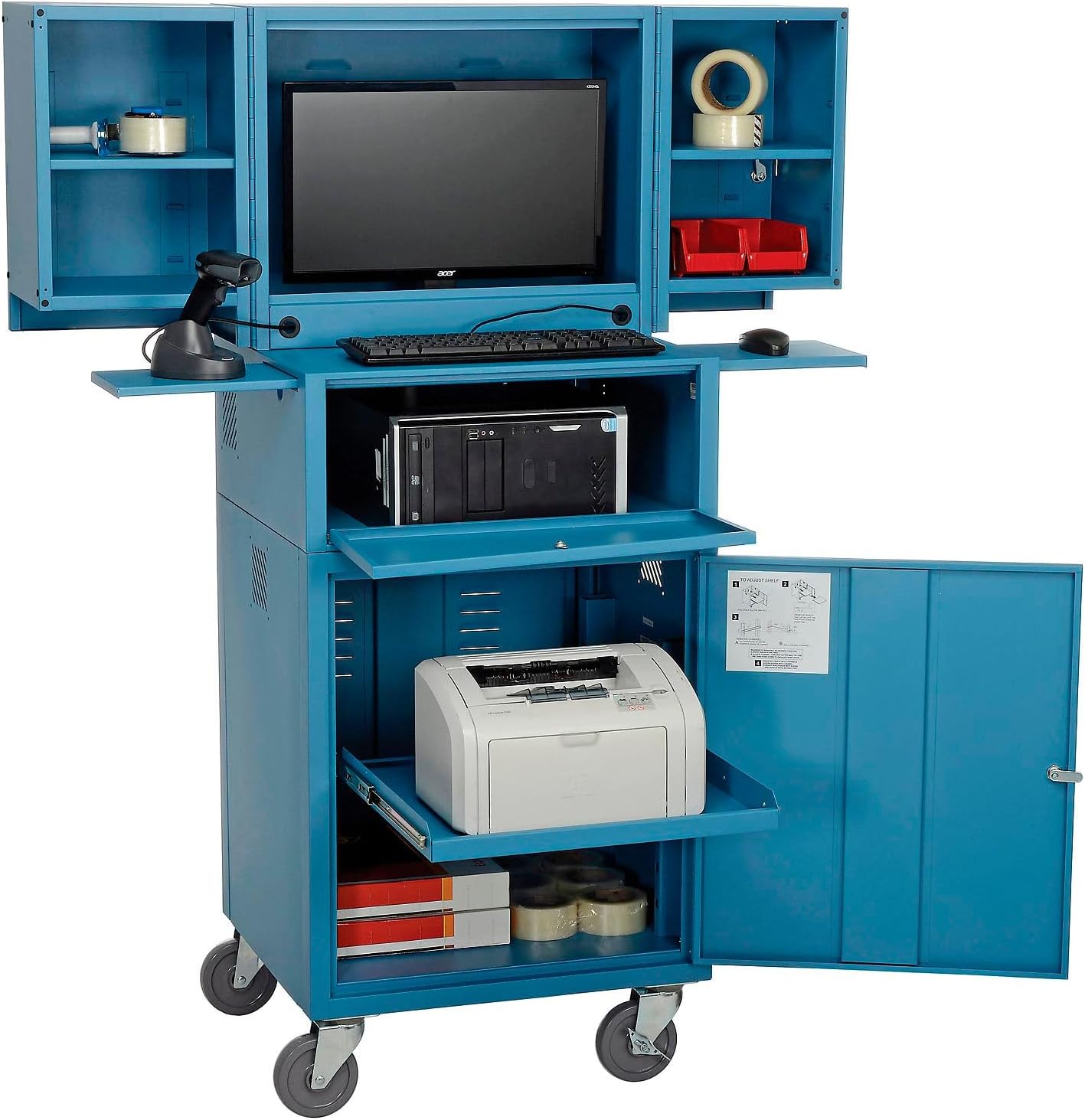 Global Industrial Fold Out Computer Security Cabinet, Mobile, 5" Swivel Casters (2 Locking), Steel Construction, Blue, 24-1/2"W x 22-1/2"D x 61-1/2"H, Assembled