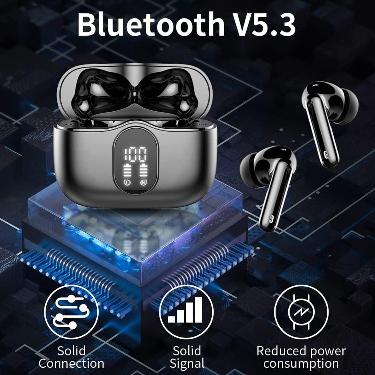 Graphic illustrating Bluetooth V5.3 features: solid connection, solid signal, and reduced power consumption.