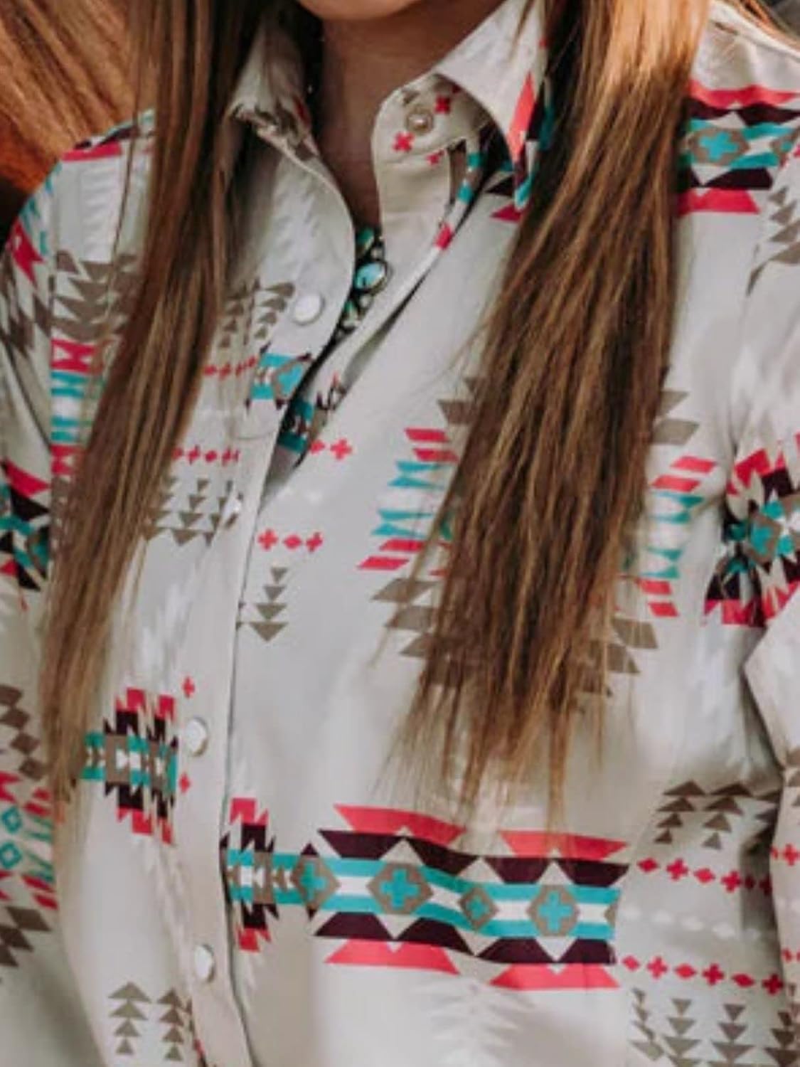 Womens Aztec Pearl Snap Shirts Rodeo Western Show Tops Lapel Button Up Blouse Long Sleeve Cowgirl Tunic - Image 6