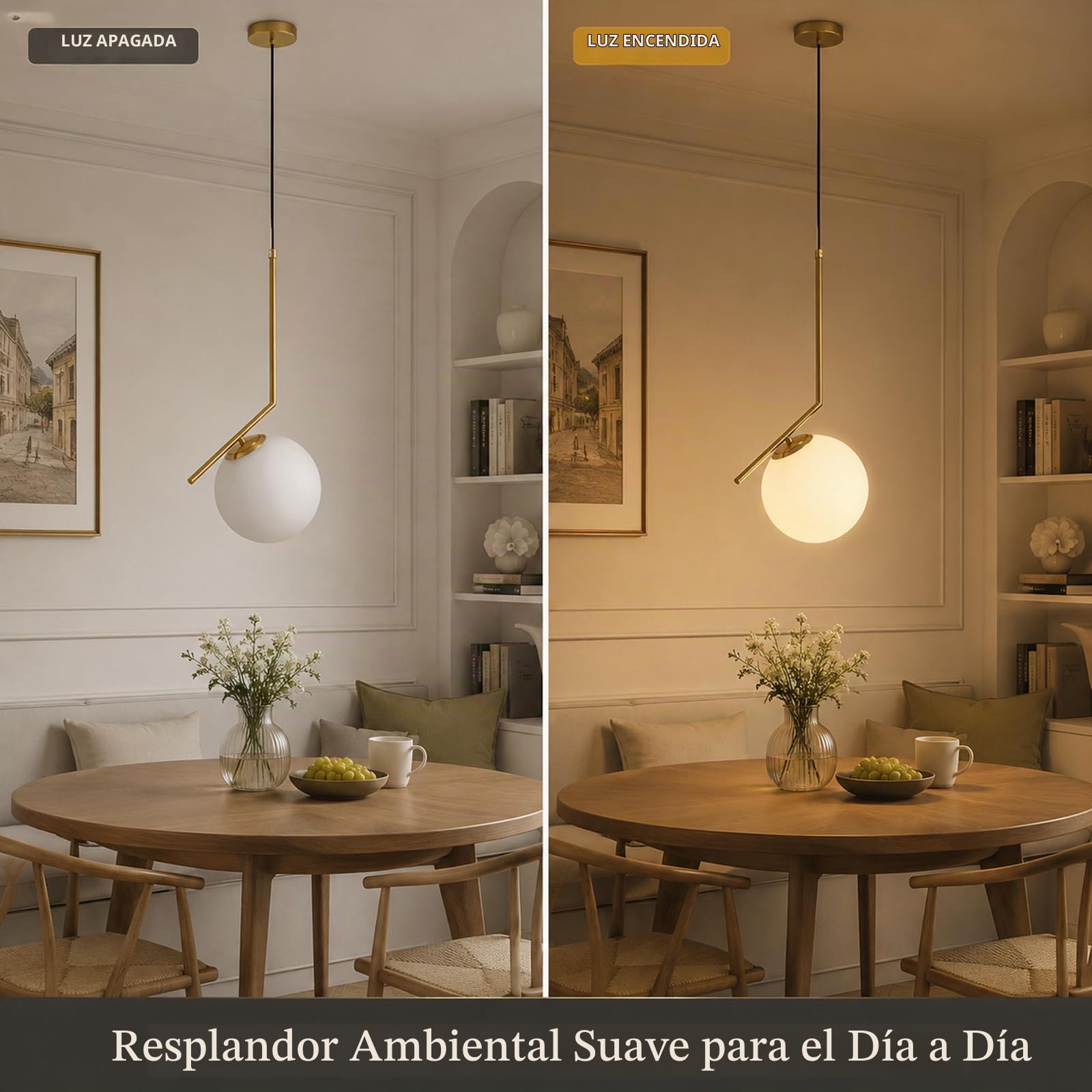 Lámpara Colgante de Techo Dorada Moderna con Esfera de Vidrio Blanco de 20cm, Casquillo E27, Luz Colgante de Altura Ajustable Para Salón, Dormitorio, Comedor y Cocina