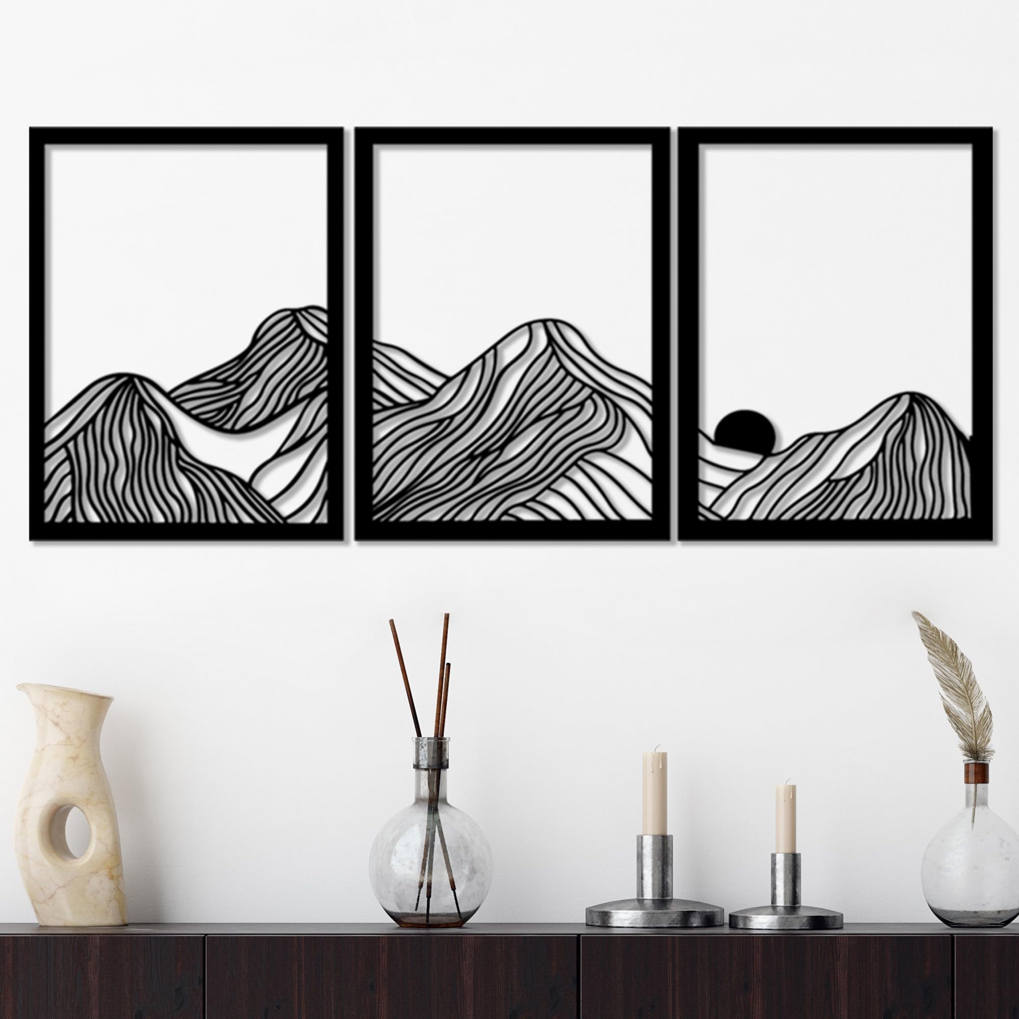 Hanah Home Stylish Black Decorative Metal Wall Accessory (3 Pieces), 38 x 49 cm, 100% Metal, 1.5 mm Thickness, Easy Wall Mounting, Perfect for Modern Decor