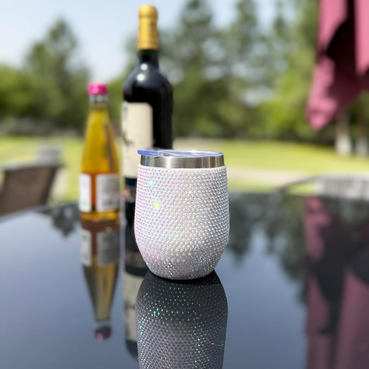 12 oz Bling Wine Tumbler with Lid Rhinestone Insulated Wine Glass Tumbler Double-Wall Vacuum Stainless Steel Coffee Mug Sparkly Travel Cup for Beer Champaign Cocktail (Pearl)