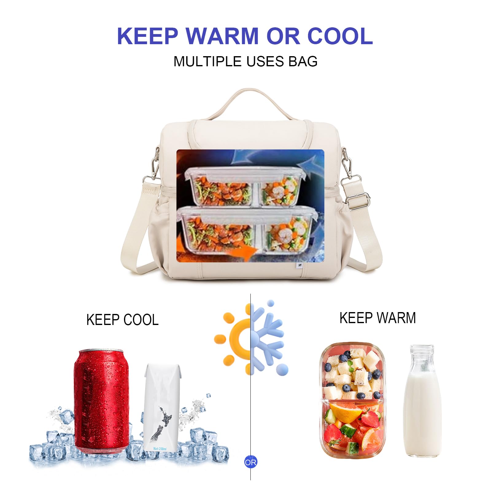 NOL Natural Organic Lifestyle Lonchera térmica para adultos, bolsa de almuerzo grande con doble compartimento, bolsa de almuerzo enfriadora, ligera, de nailon, impermeable, para el trabajo, picnic,