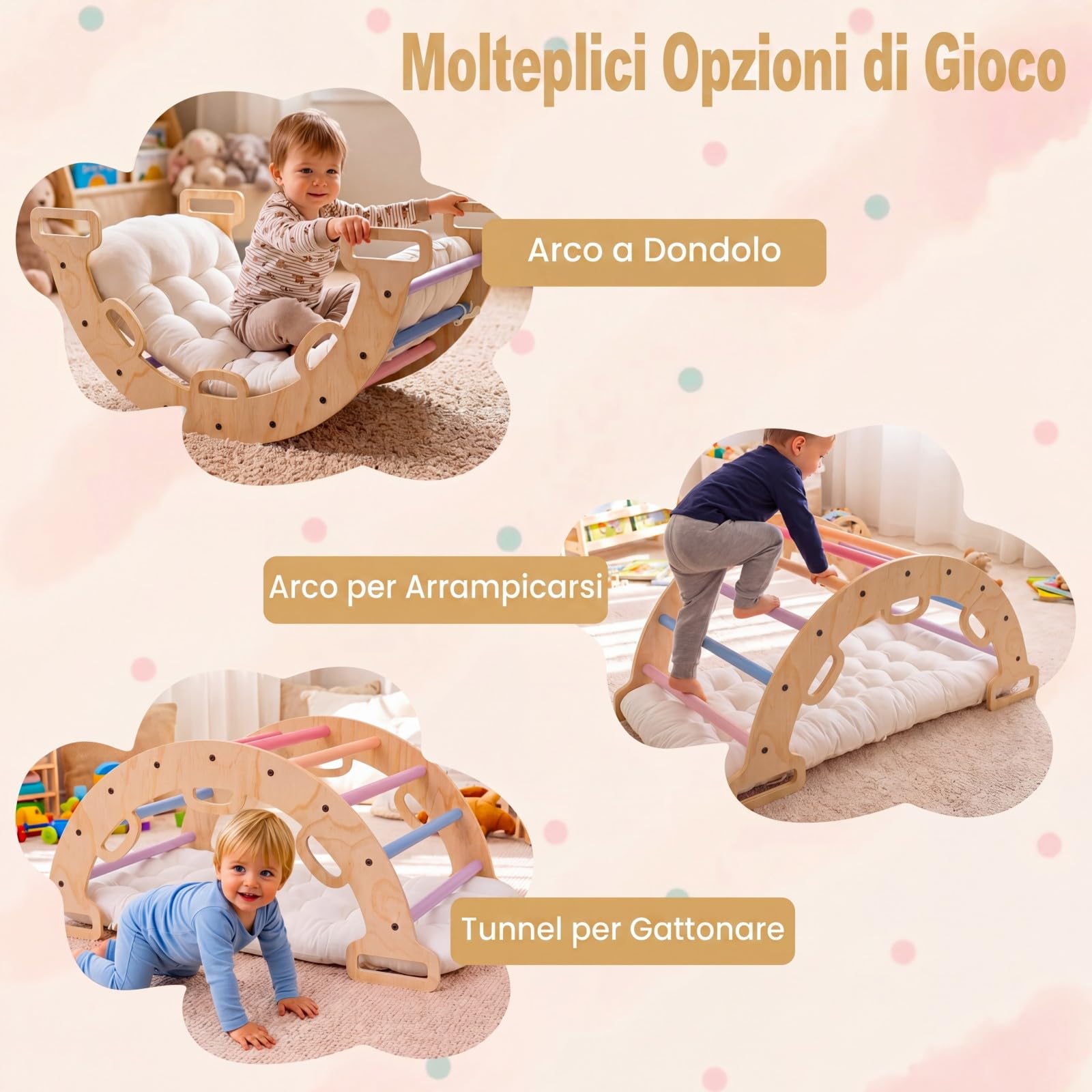 COSTWAY Arco da Arrampicata Bambini, Giocattolo da Arrampicata Versatile in Legno Massello, Cuscino Morbido, Altalena ad Arco Educativa con 10 Maniglie per Bambini 3+ Anni (Multicolore)
