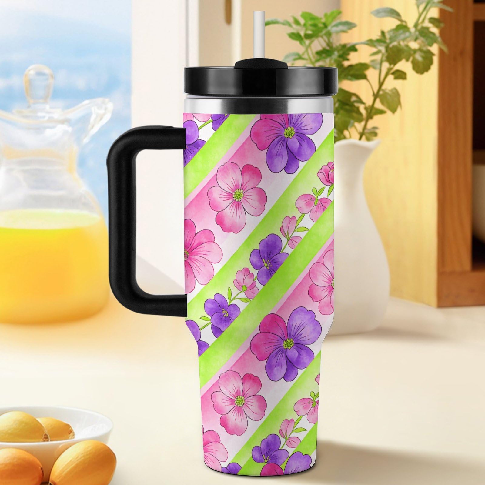 Chevron Blooms - Vaso de café de viaje de acero inoxidable, taza de café con tapa y popote, taza con asa, gran capacidad, doble pared al vacío, a prueba de fugas, taza térmica de café helado