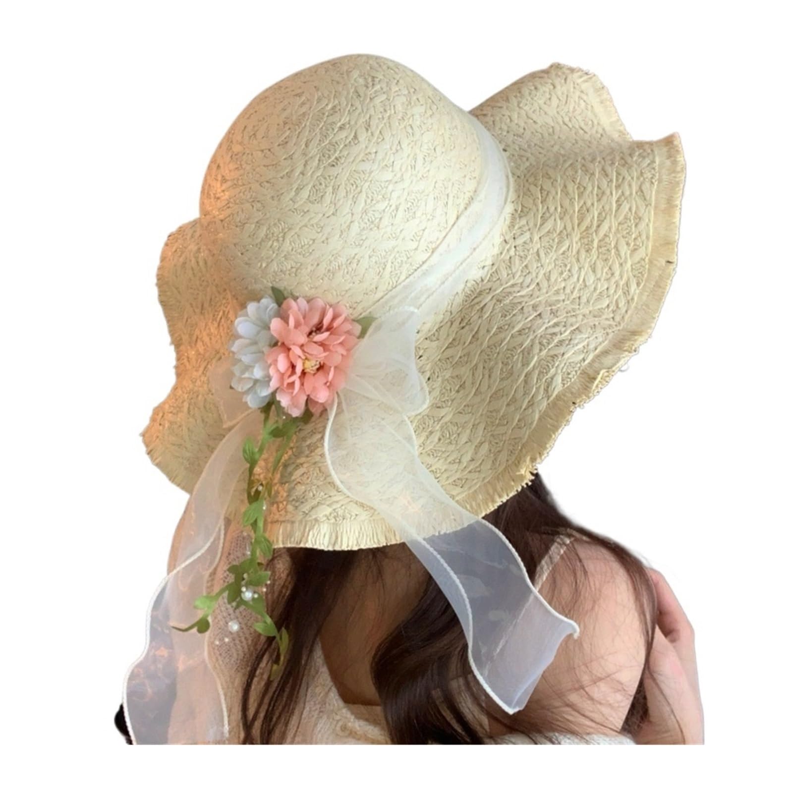 Visiera Estiva da Spiaggia per Cappello da Sole a Tesa Larga in Paglia di Pizzo Floreale