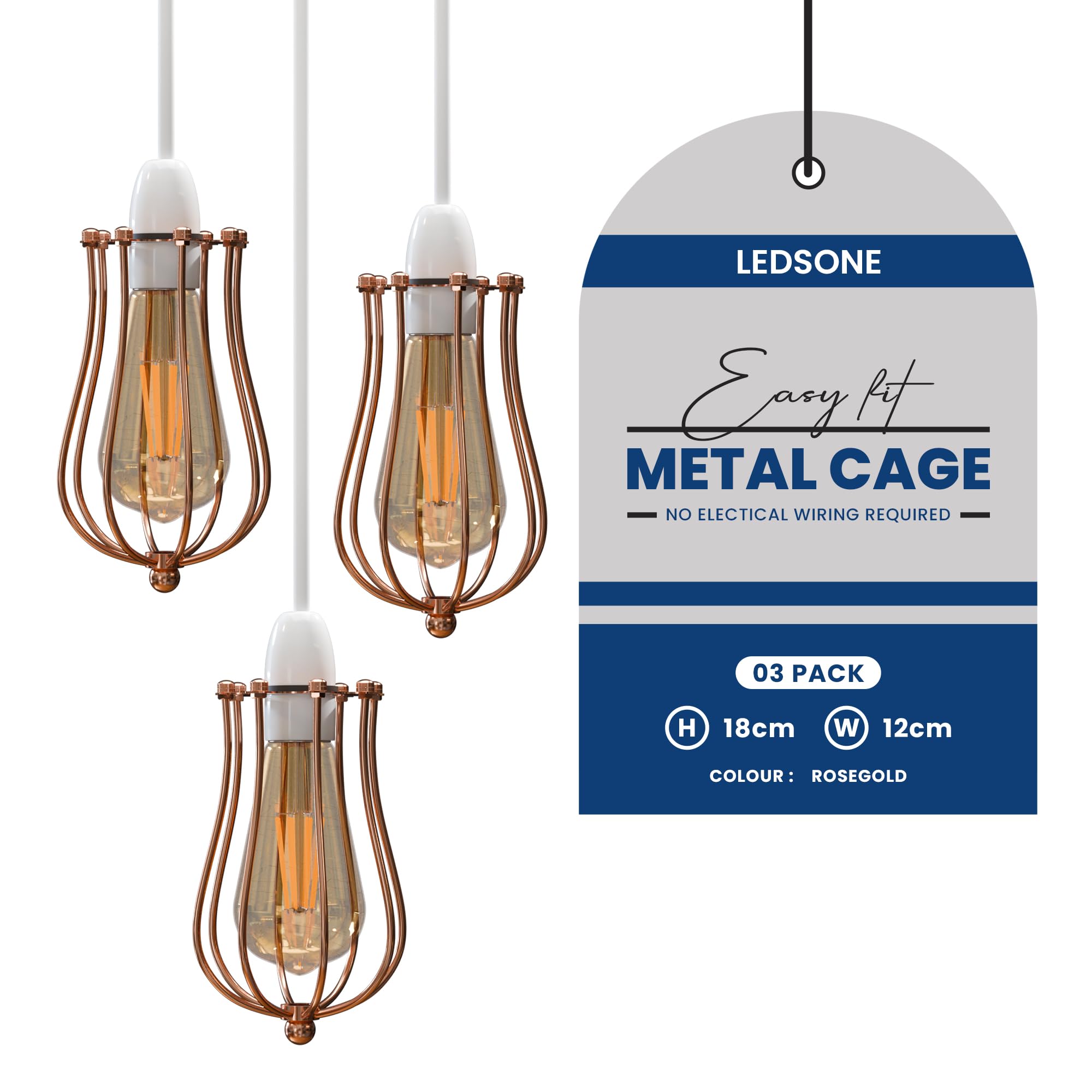 3 Pack of Retro Style Metal Basket Bird Cage Geometric Ceiling Pendant Light Shades, Open Wire Frame Vintage Bulb Guards for Kitchen, Living Room, Bar | Free Reducer Ring (Rose Gold)
