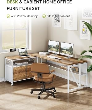 LITTLE TREE 63 L Shaped Executive Computer Desk and Drawer lateral File Cabinet, Walnut