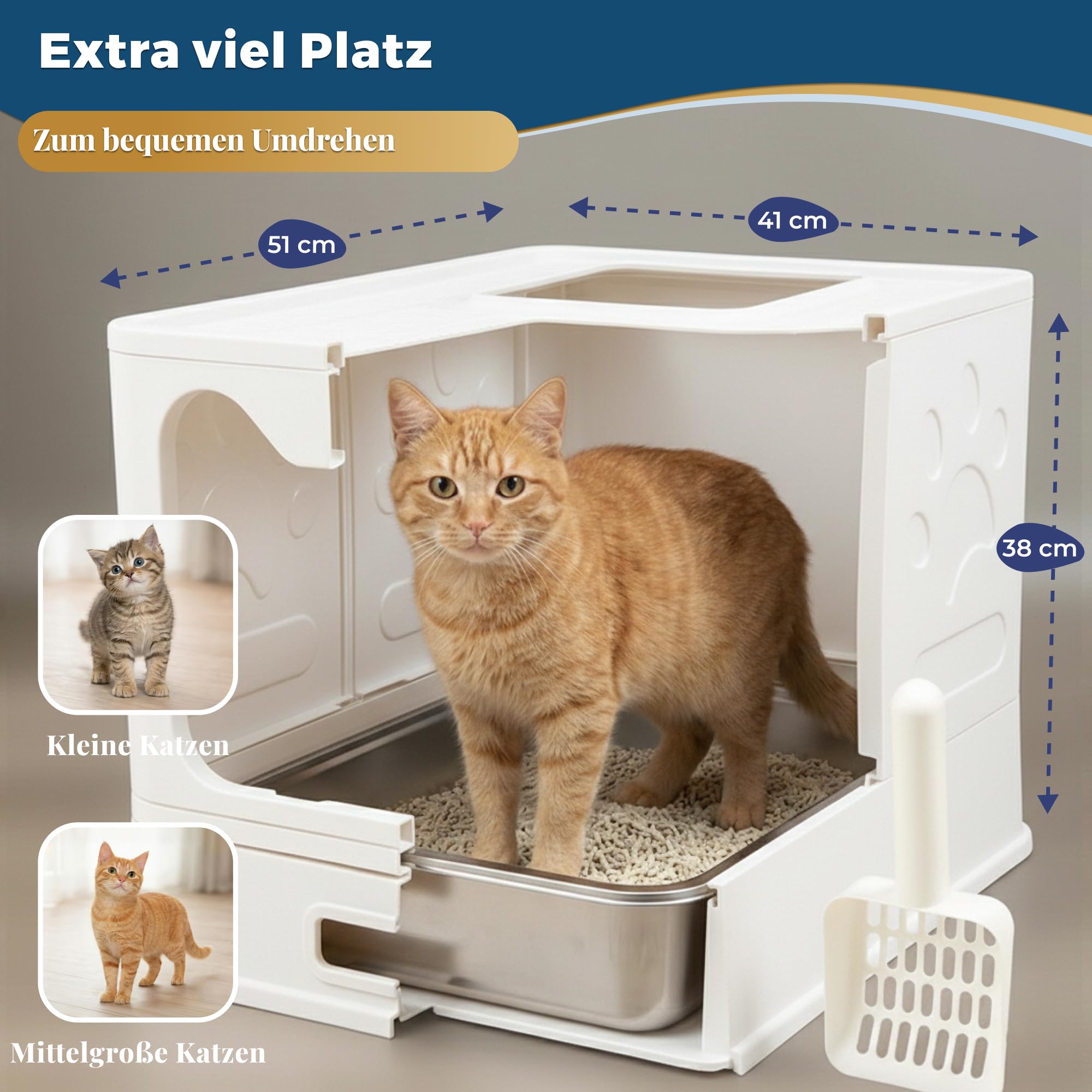 Katzenklo Edelstahl mit Deckel, Faltbare Geschlossene Katzentoilette mit Schublade, Geruchsfrei, Auslaufsicher, Leicht zu Reinigen, Doppelter EIN-/Ausgang, Mit Schaufel, (38,3×51×41 cm) – Weiß