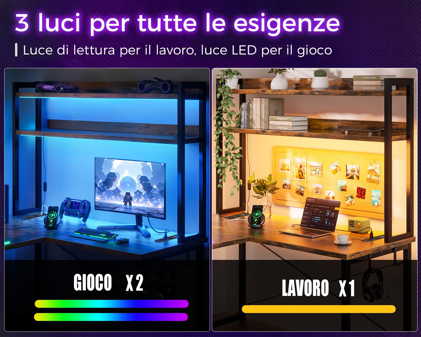 ODK Scrivania Gaming con LED, 168×120 cm Scrivania con Ripiano Reversibile, Scrivania ad L con Prese e Porte USB, Scrivania Gaming Marrone Vintage con Scomparti e Spazio di Archiviazione