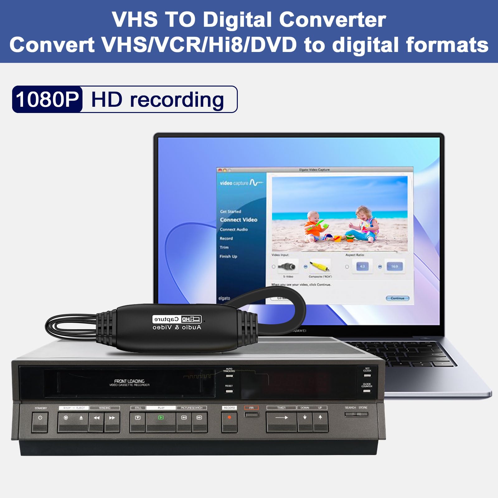 Convertidor VHS a digital 1080P, dispositivo de tarjeta de captura de video USB, RCA a USB, convertidor de VHS a digital, convertidor de video para VHS VCR Hi8 Mini DV a digital, para reproductor de