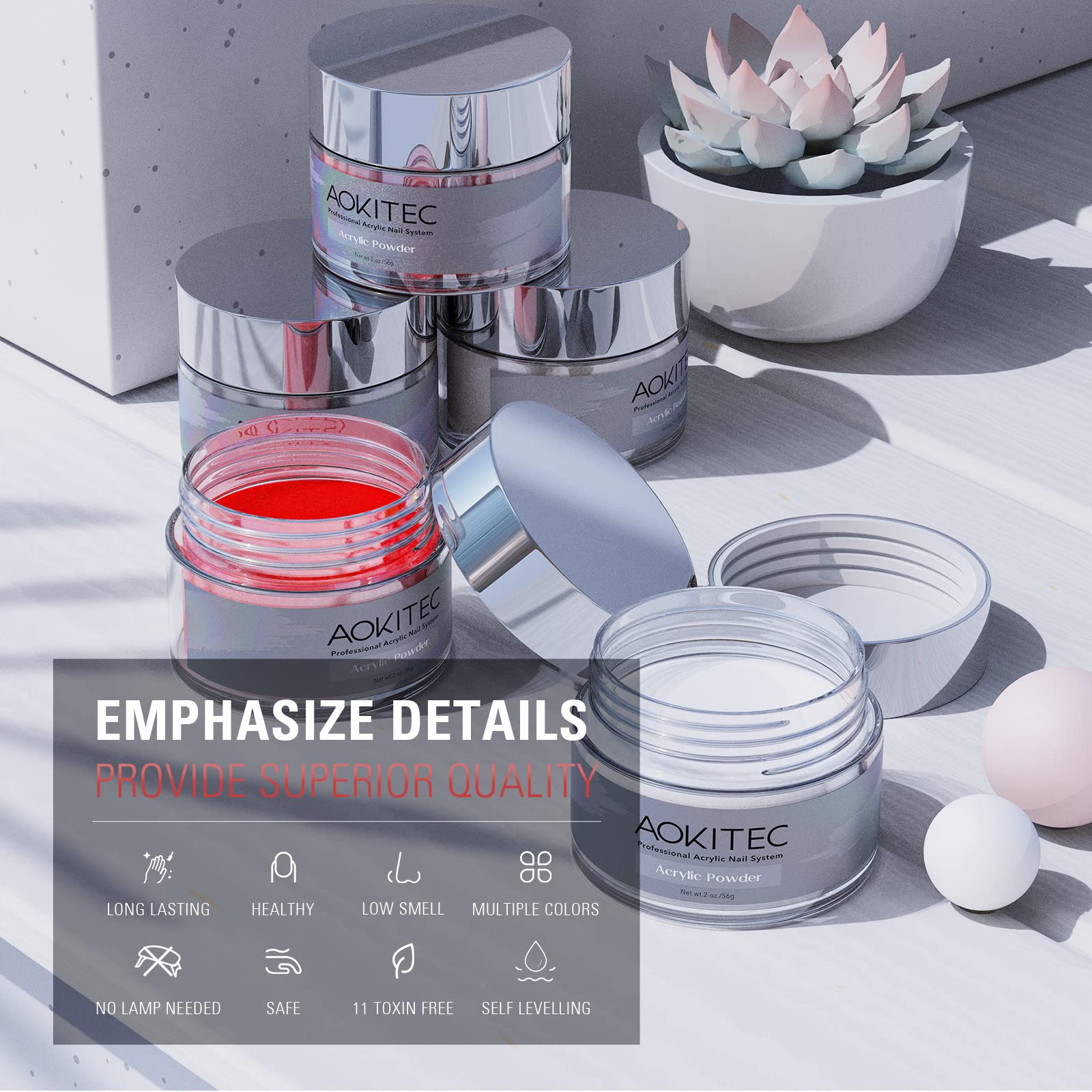 Aokitec Polvere Acrilica Rosso per Unghie, Polvere Acrilica Professionale per Unghie, Polveri Acriliche a Lunga Durata per Estensione Unghie alla Franceseper Principianti o Saloni (1 oz)