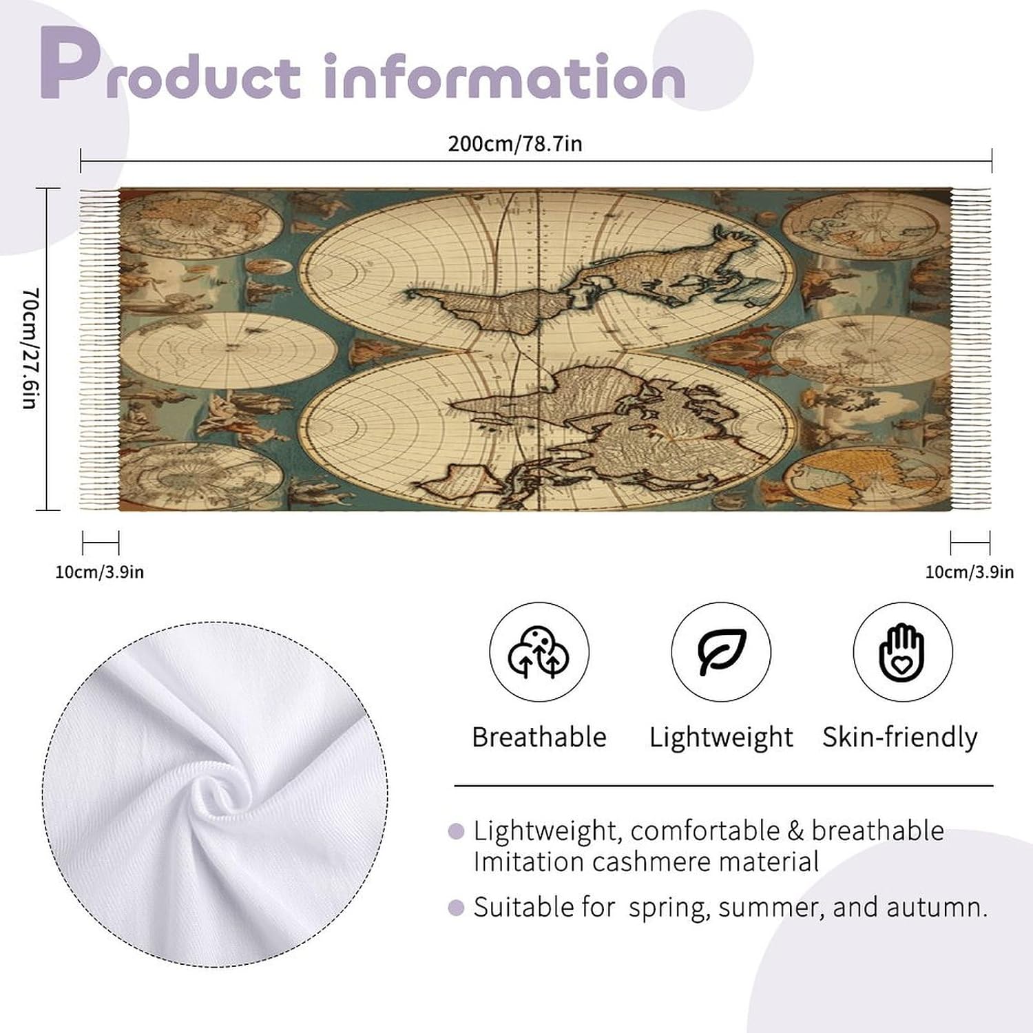 World Map Retro Winter Scarf for Women Soft Tassel Scarves Oversized Wraps Long Shawl Cold Weather Thick Blanket Scarfs